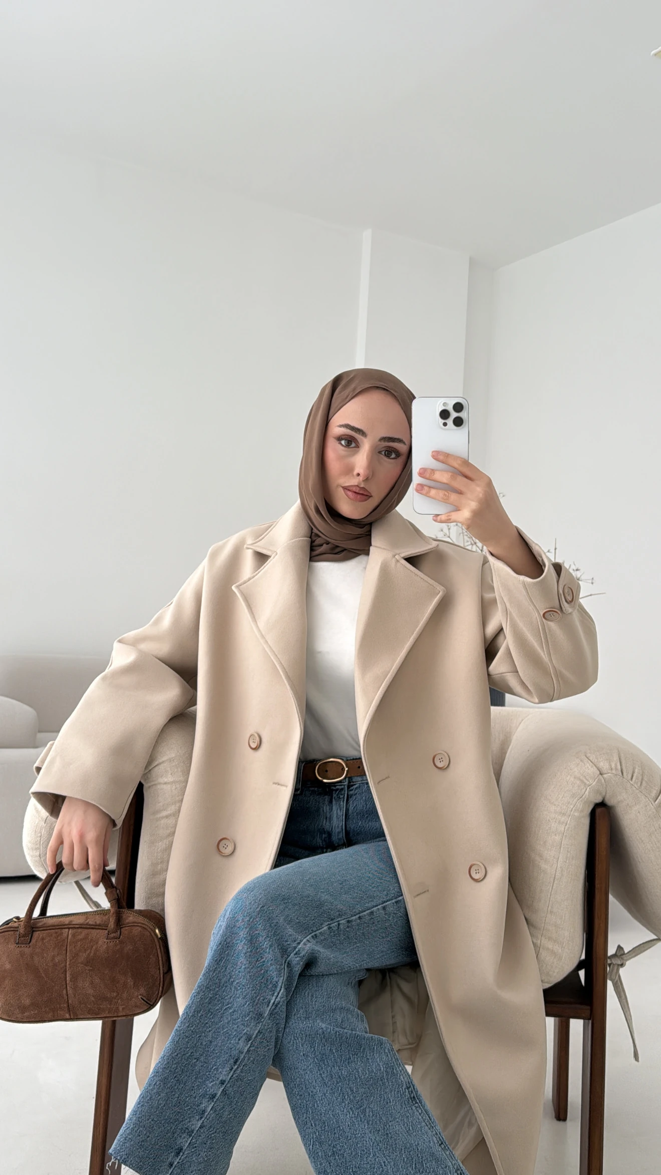  Çift Düğmeli Uzun Kaban Bej