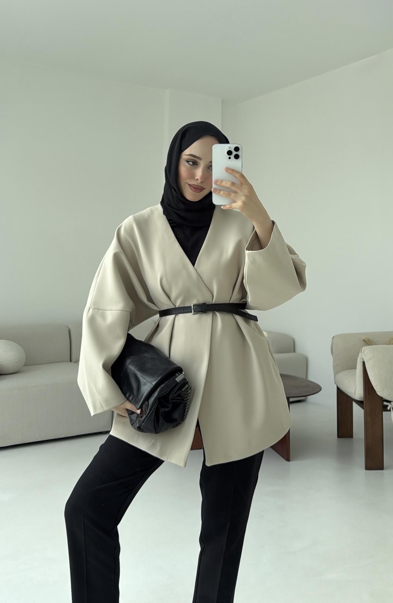 Deri Kemer Detay Oversize Ceket Taş