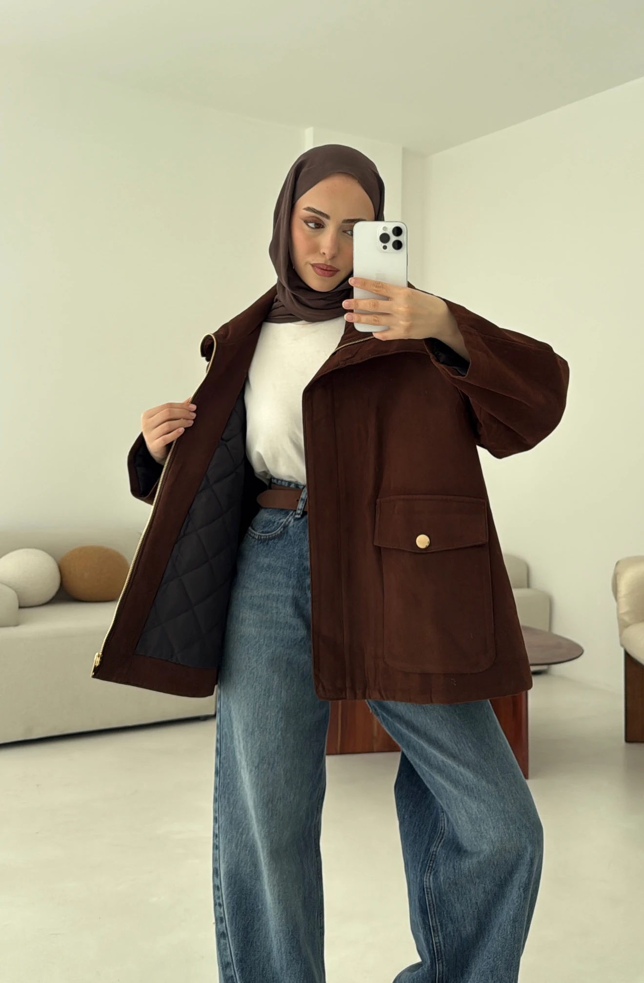 Oversize Dolgulu Süet Ceket Kahve