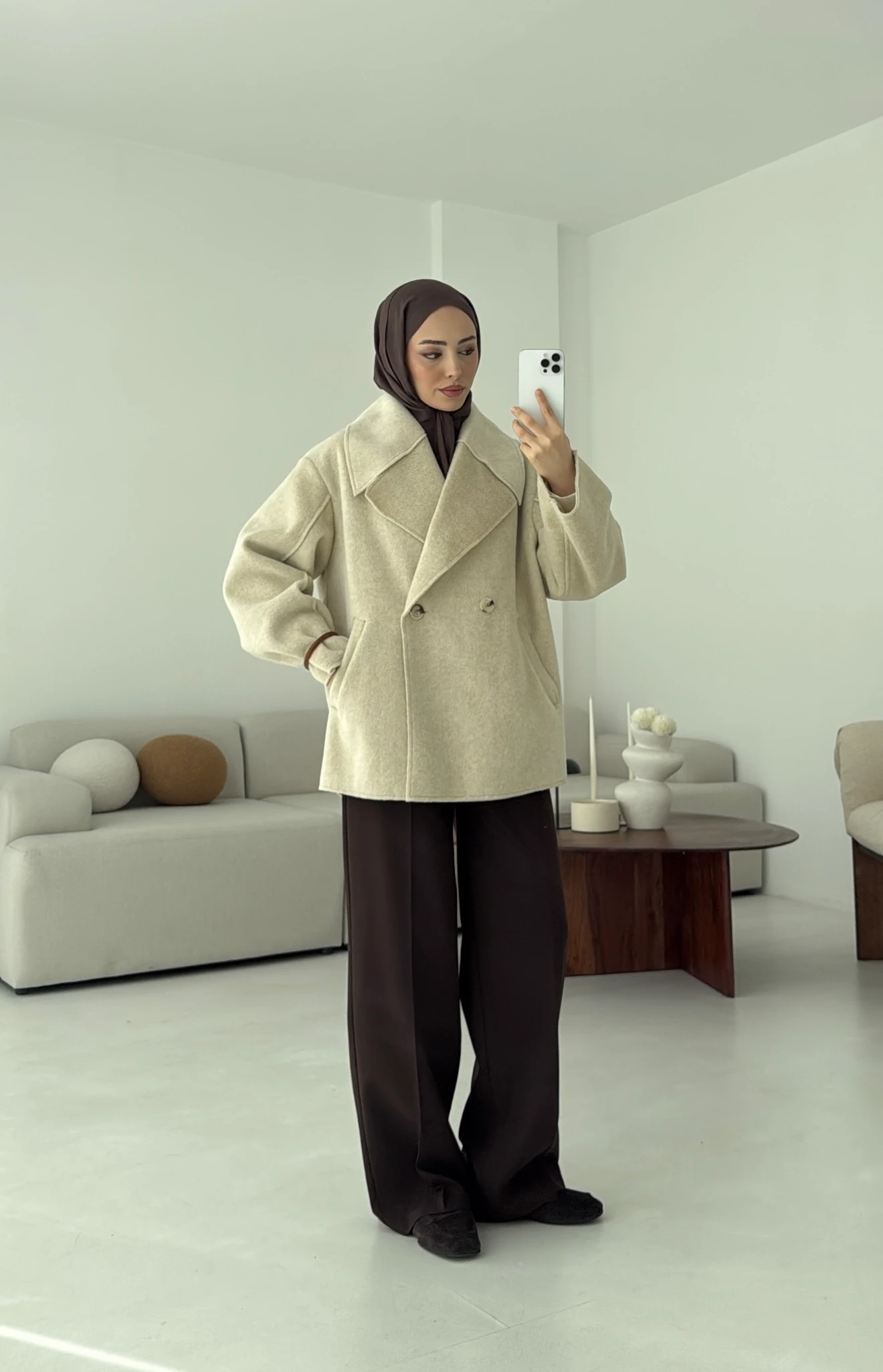 Yumuşak Şal Yaka Kaban Bej