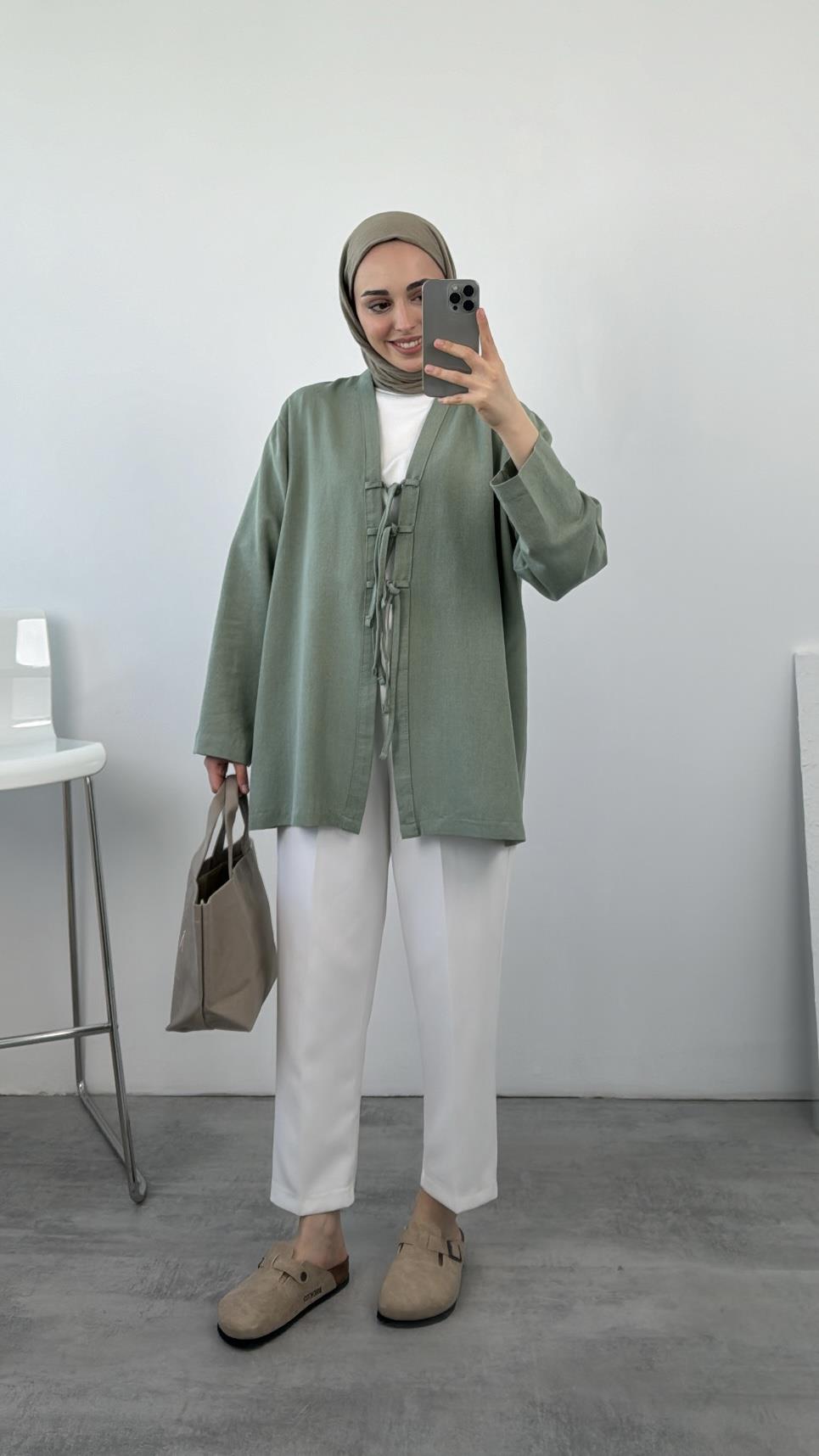 Önden Bağlamlı Keten Kimono Mint