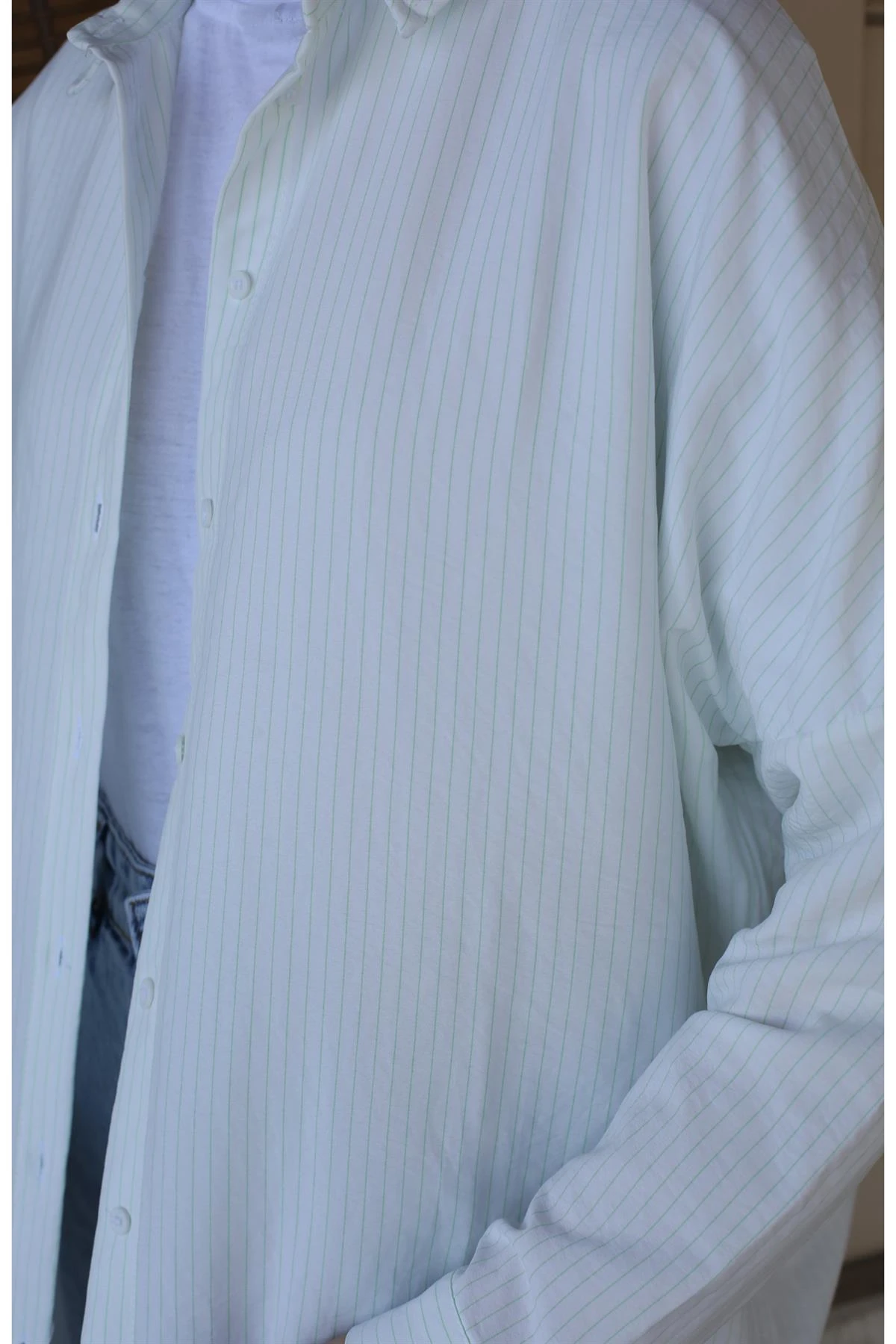 İnce Çizgili Haki Gömlek