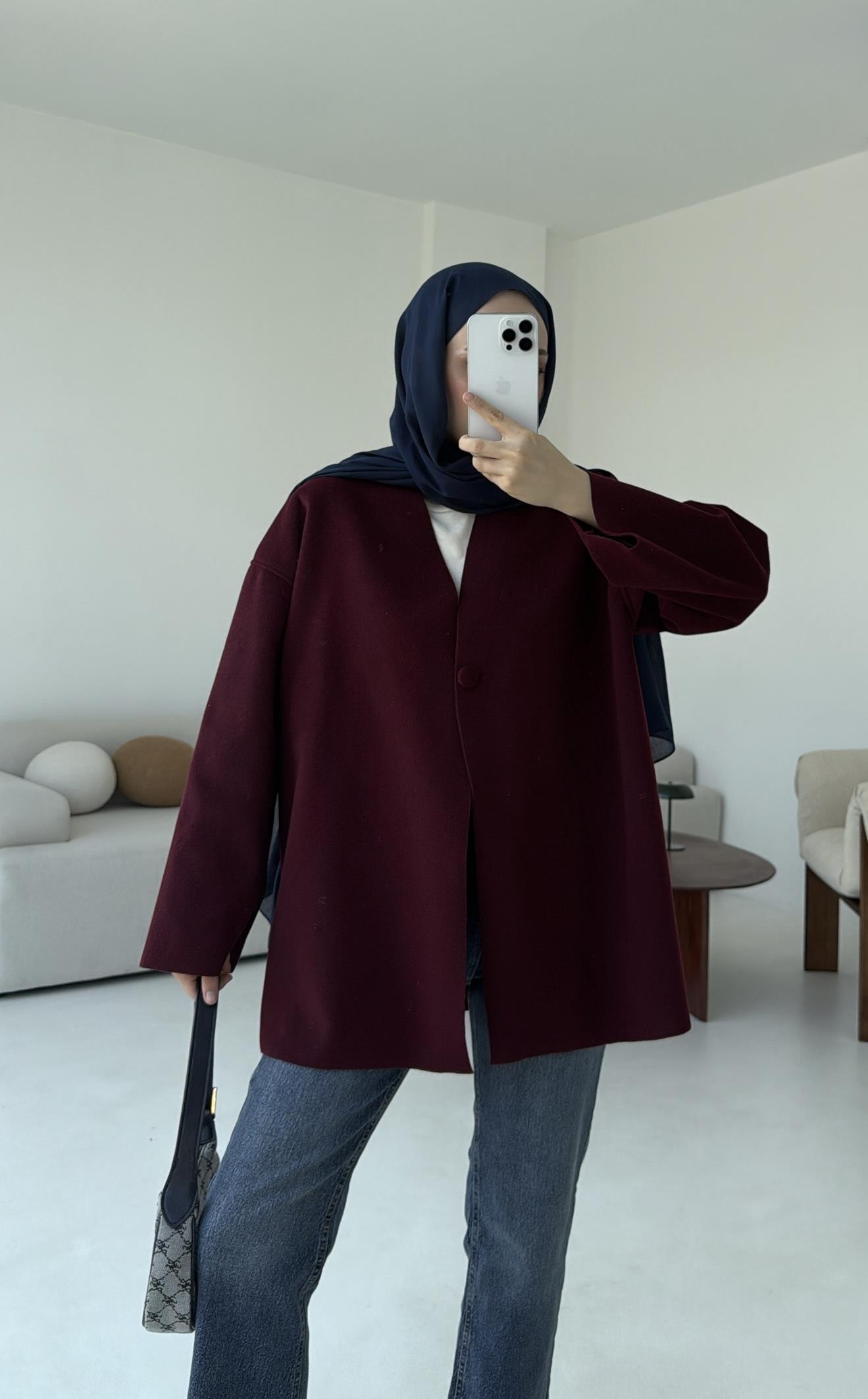 Hafif Tek Dügmeli Kaşe Ceket Bordo