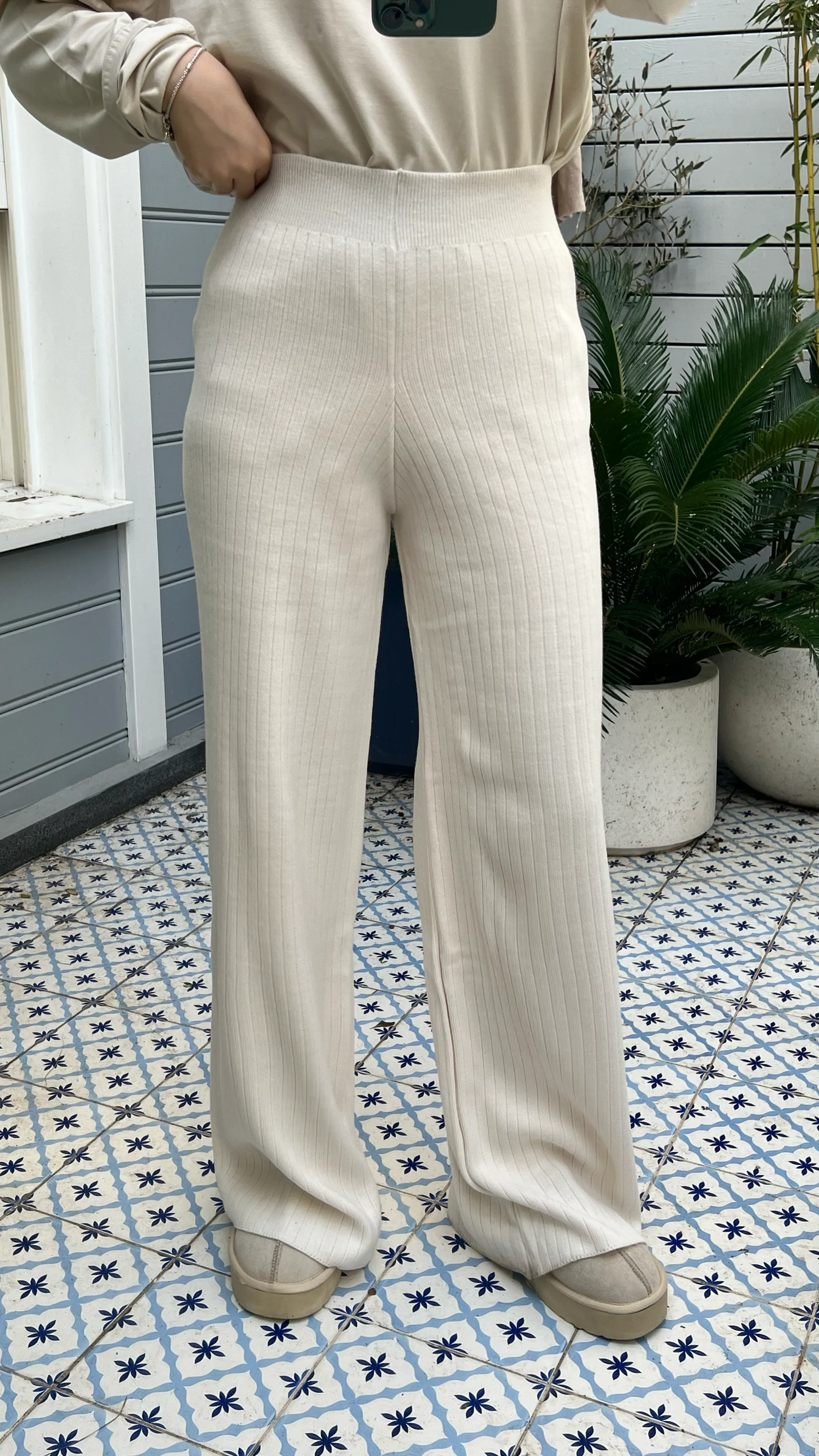 Dokulu Triko Pantolon Bej