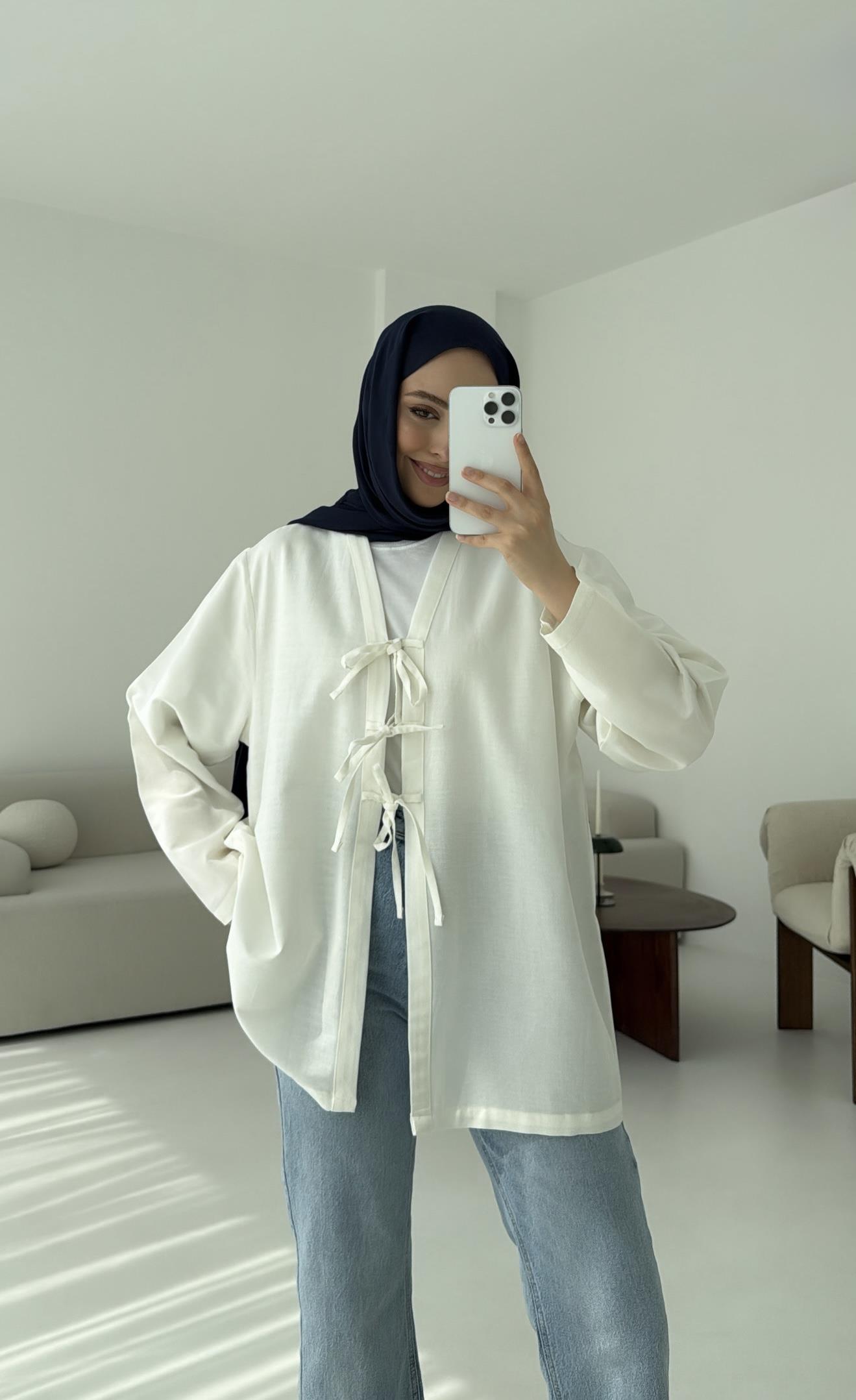 Keten Üç Bağlamalı Kimono Beyaz