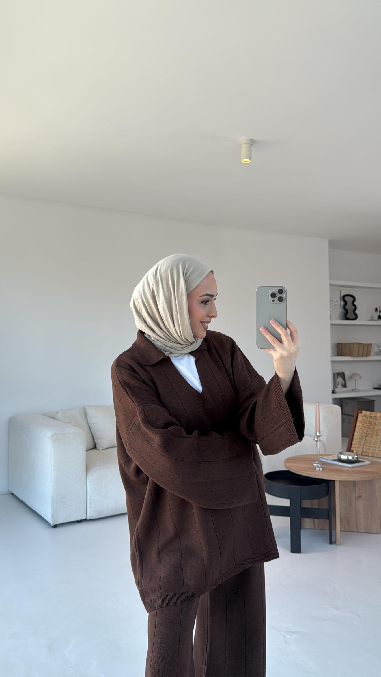 Düz Fitilli Triko Takım Kahve