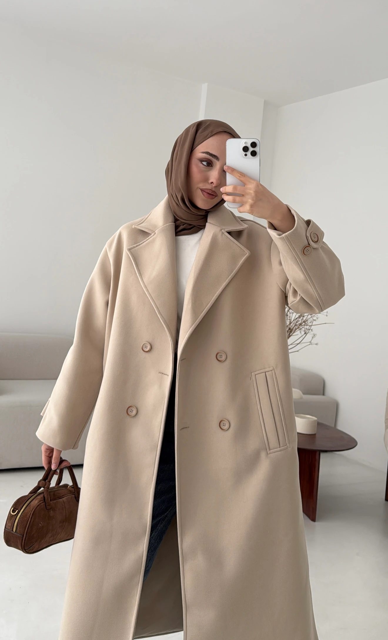  Çift Düğmeli Uzun Kaban Bej