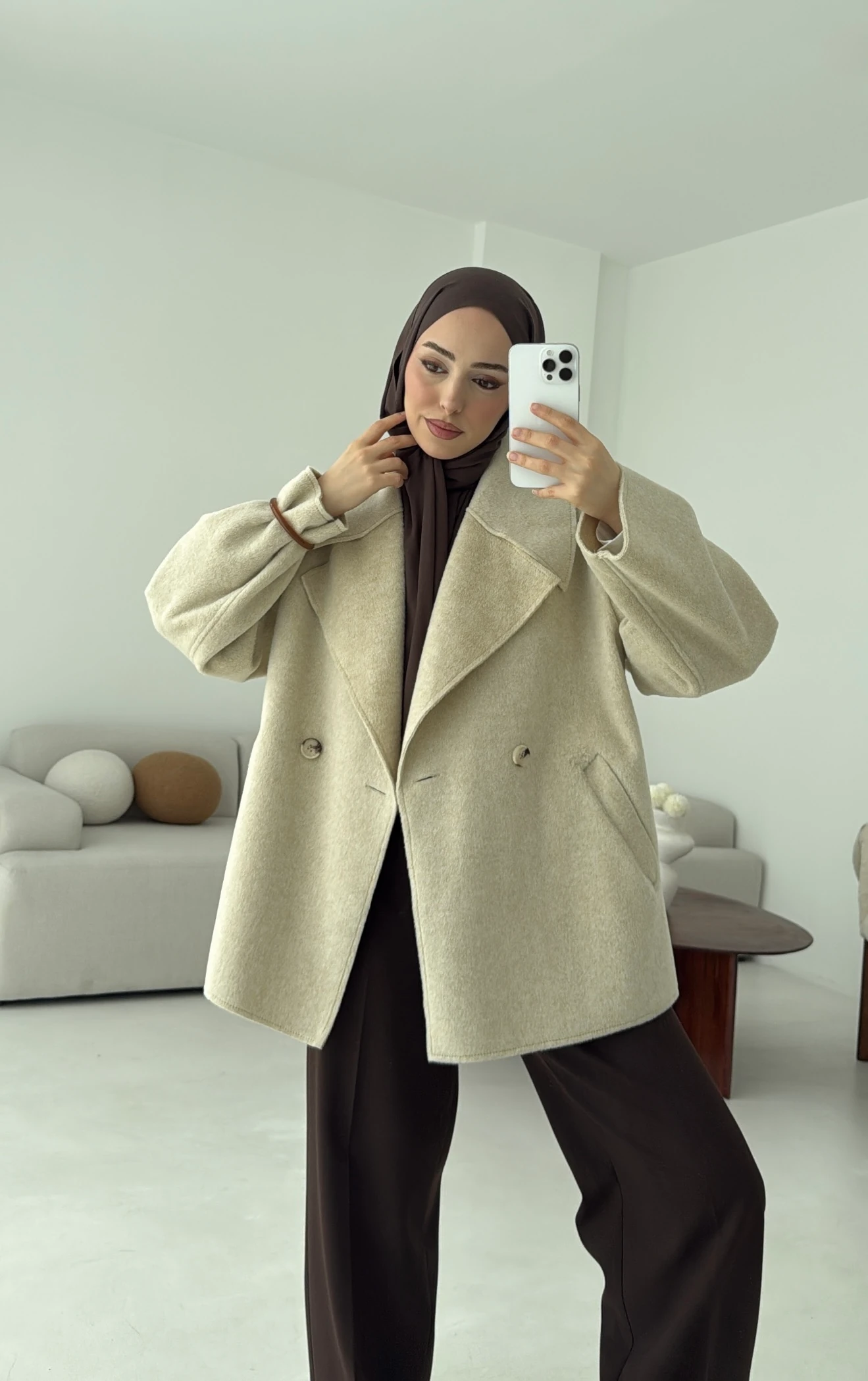 Yumuşak Şal Yaka Kaban Bej