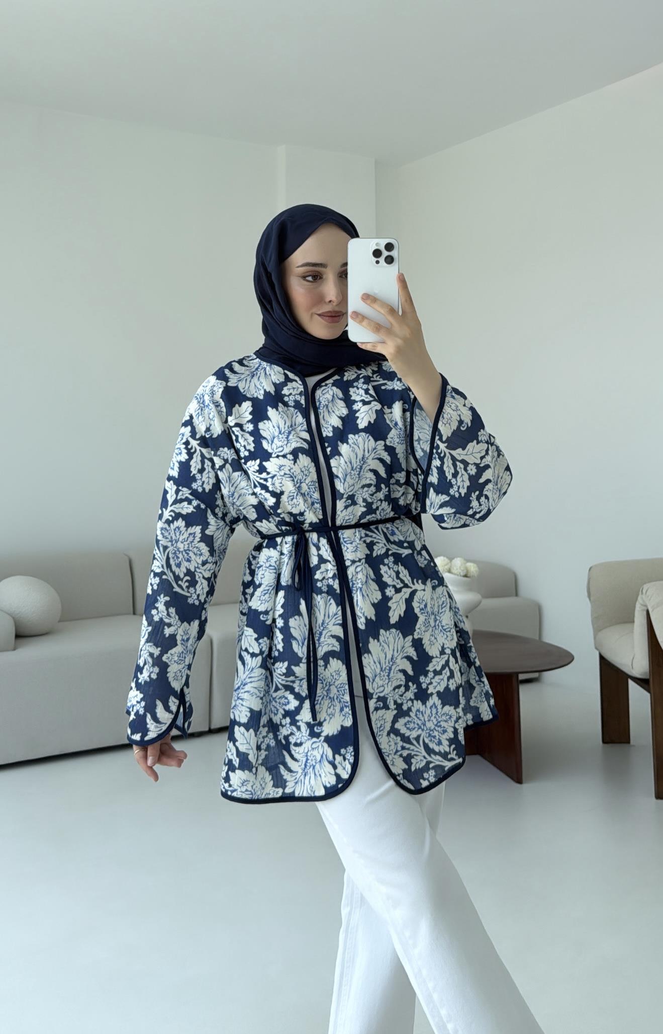 Dijital Baskılı Kimono Lacivert