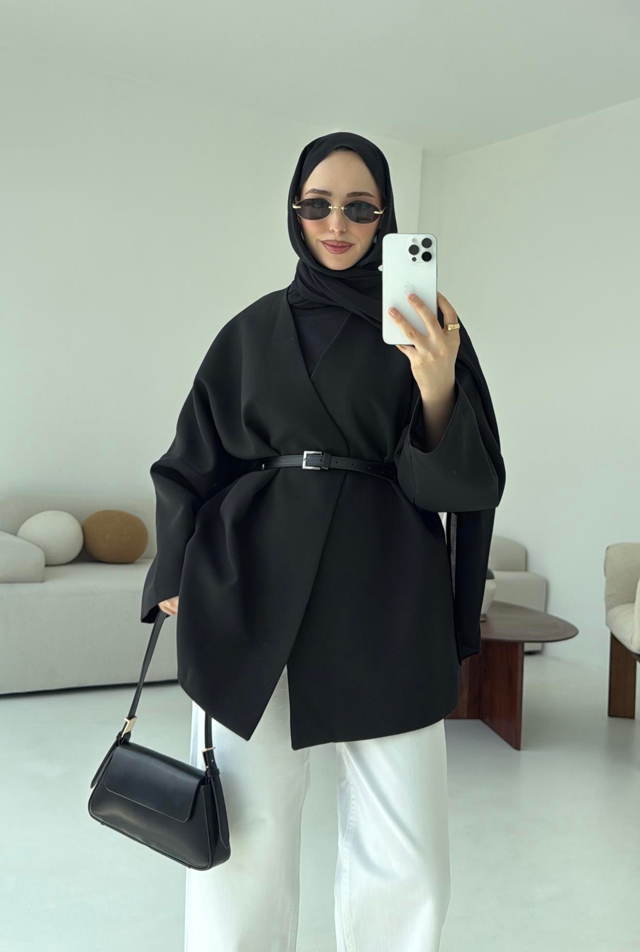 Deri Kemer Detay Oversize Ceket Siyah