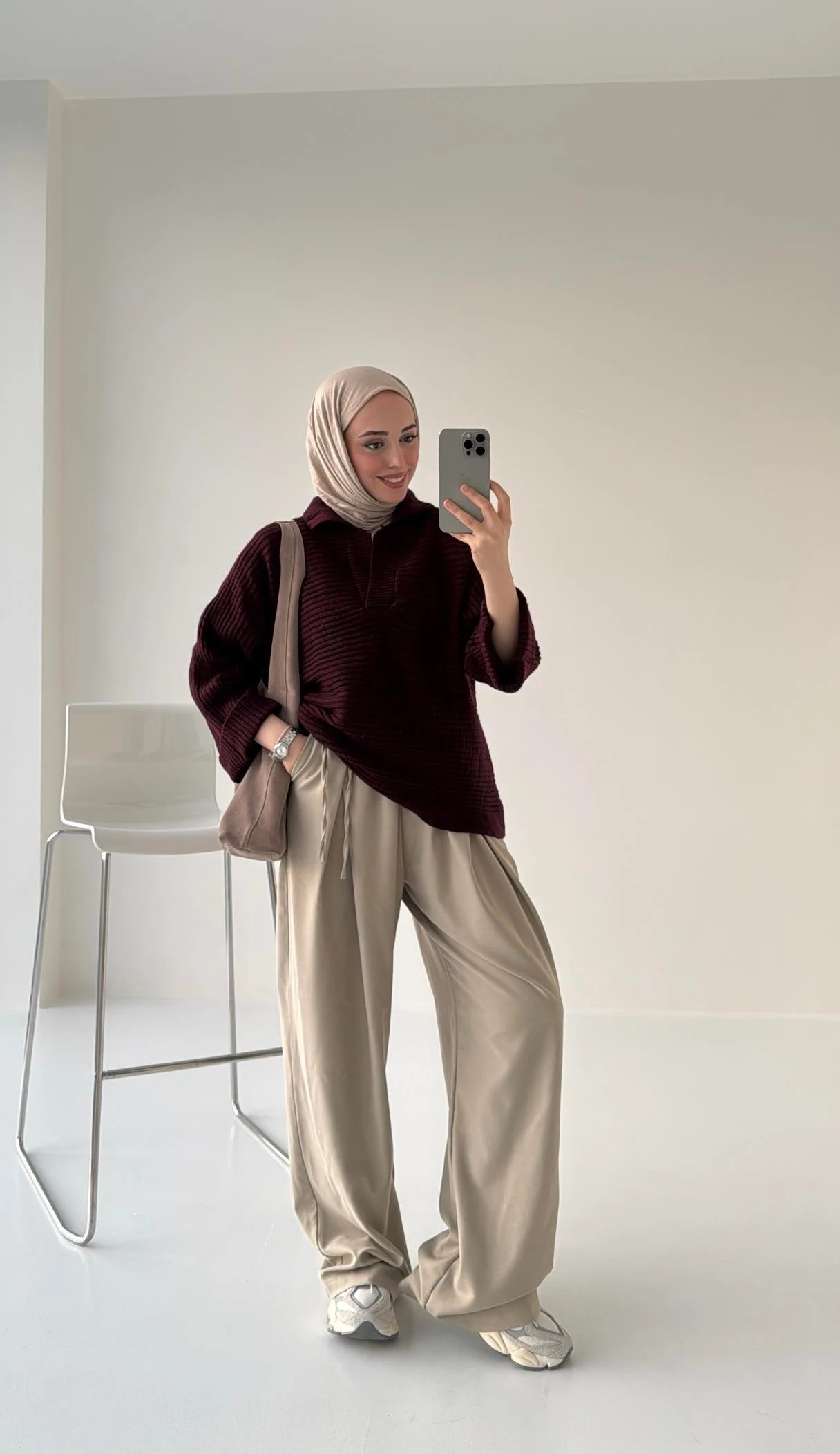 Premium Polo Yaka Kolu Katlamalı Yün Kazak Bordo