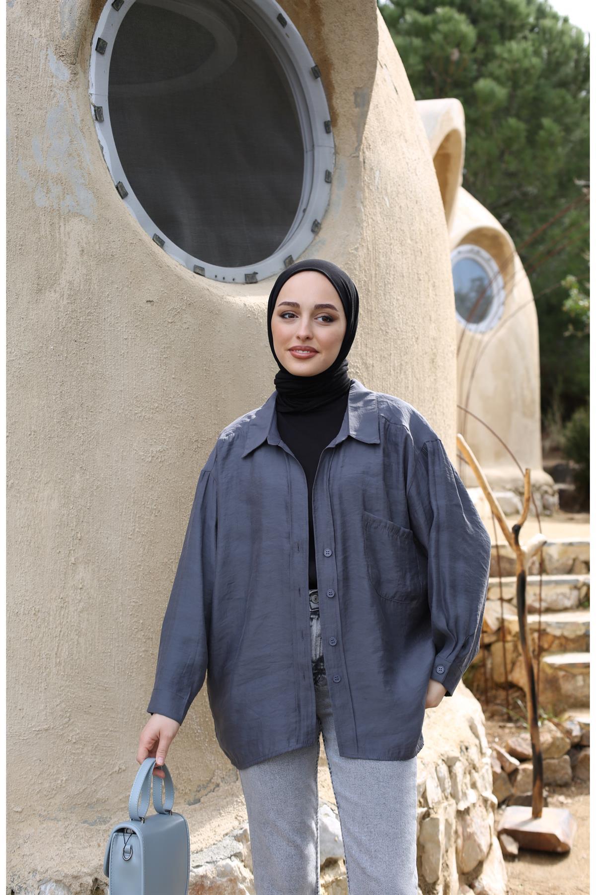 Oversize Pamuk Saten Gömlek Antrasit