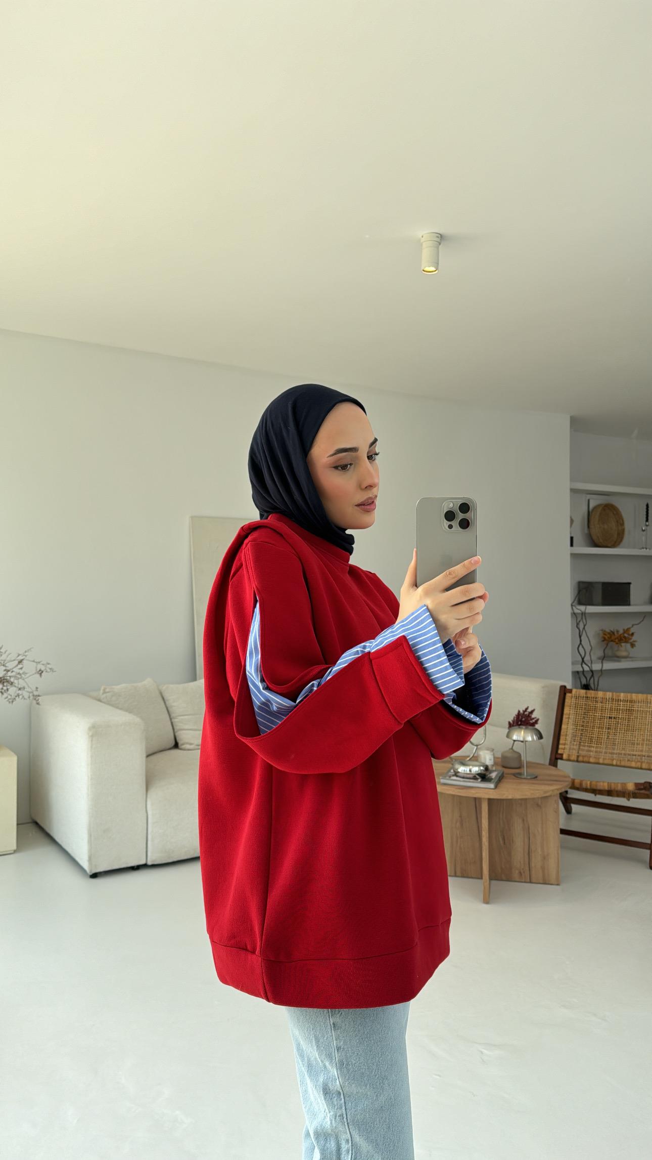 Gömlek Detaylı Sweatshirt Kırmızı