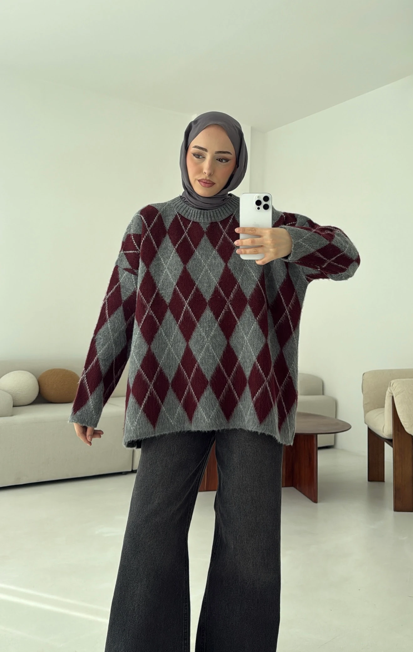 Premium Desenli Kalın Kazak Gri/Bordo