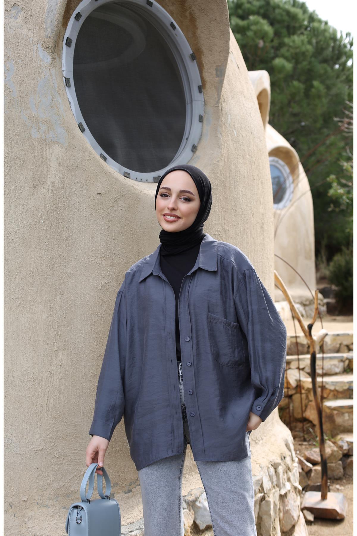 Oversize Pamuk Saten Gömlek Antrasit