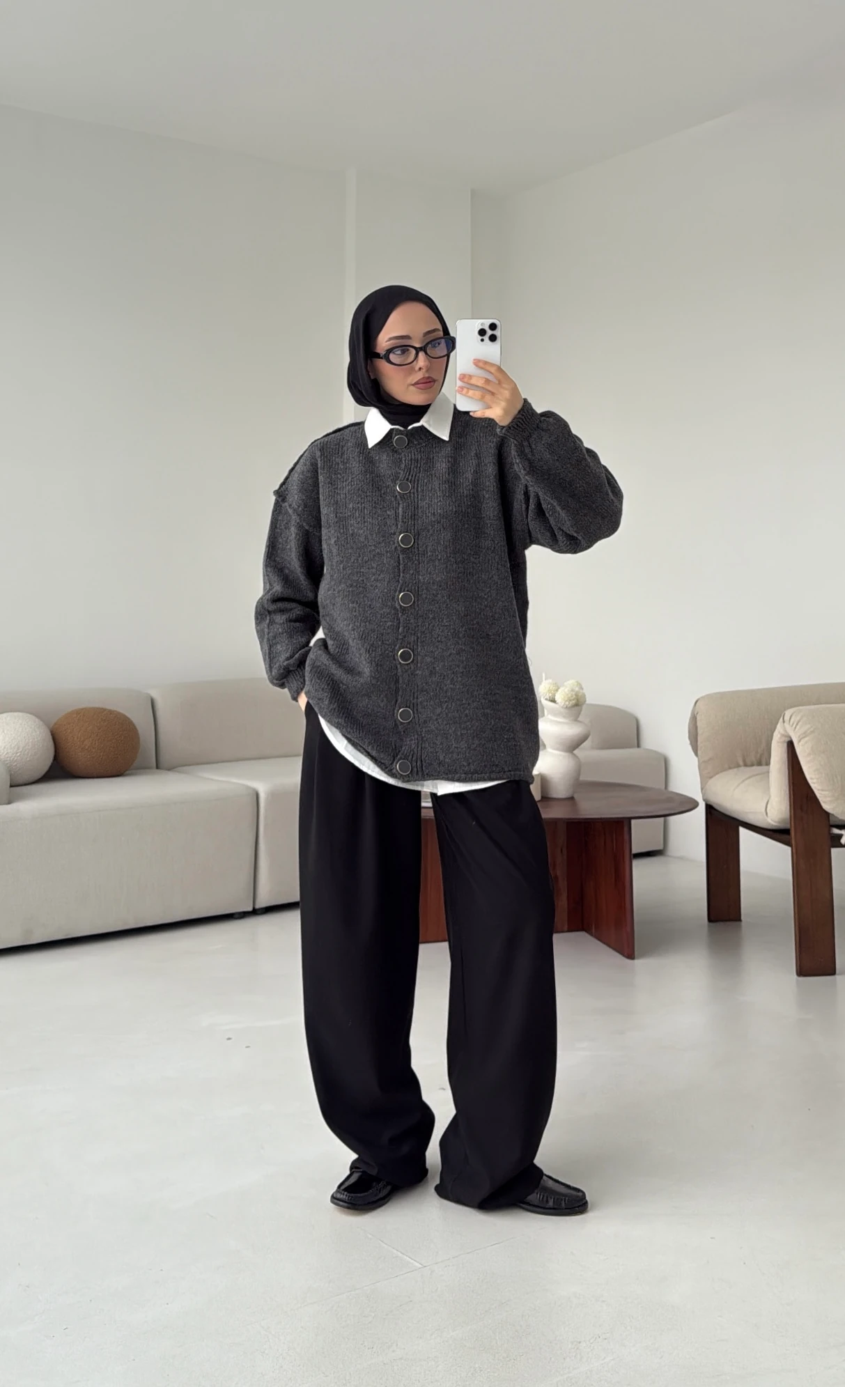 Düğmeli Triko Hırka Antrasit