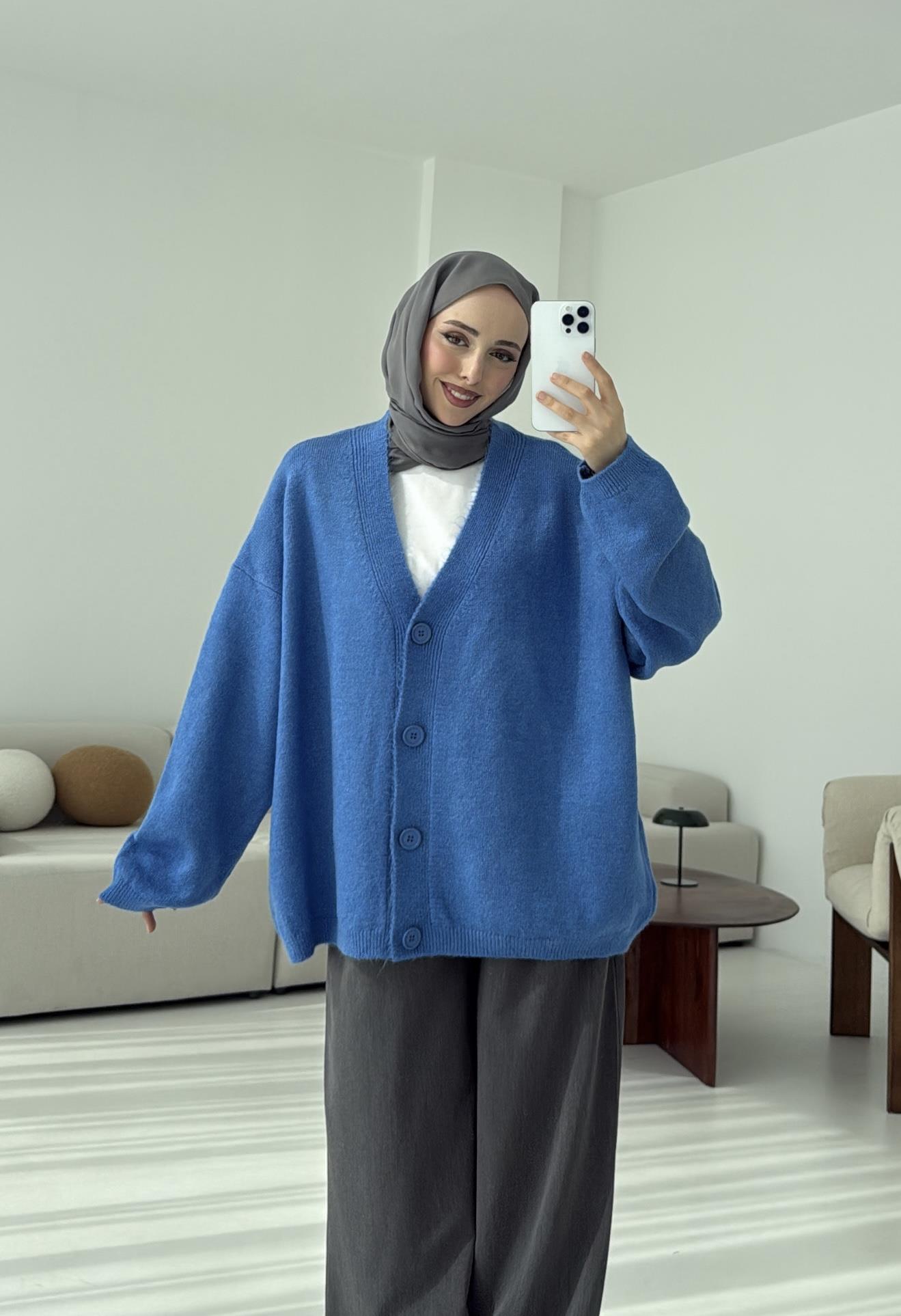 Oversize Yünlü Kazak Mavi