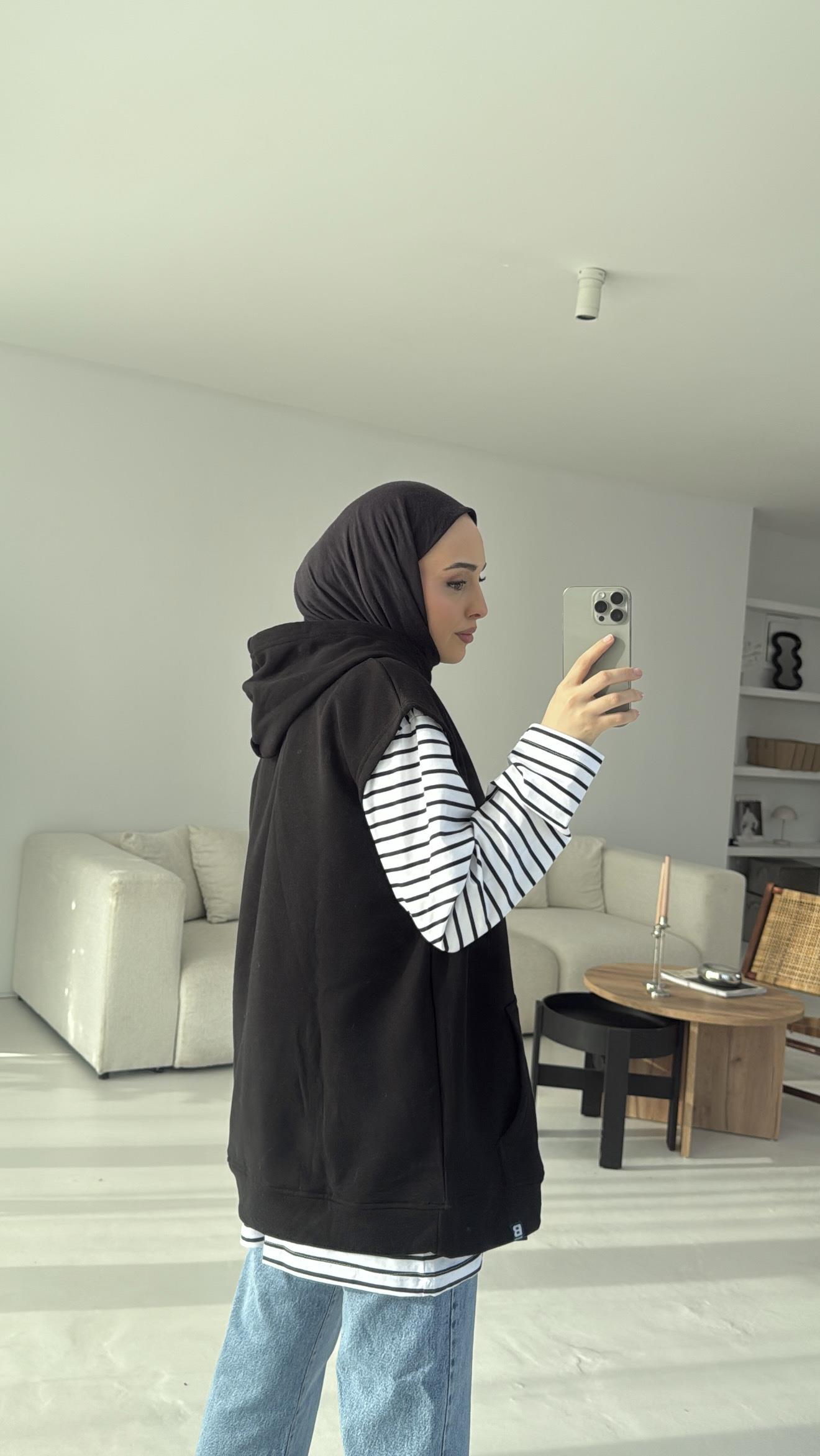 Kapüşonlu Çizgili İki Parçalı Sweat Siyah