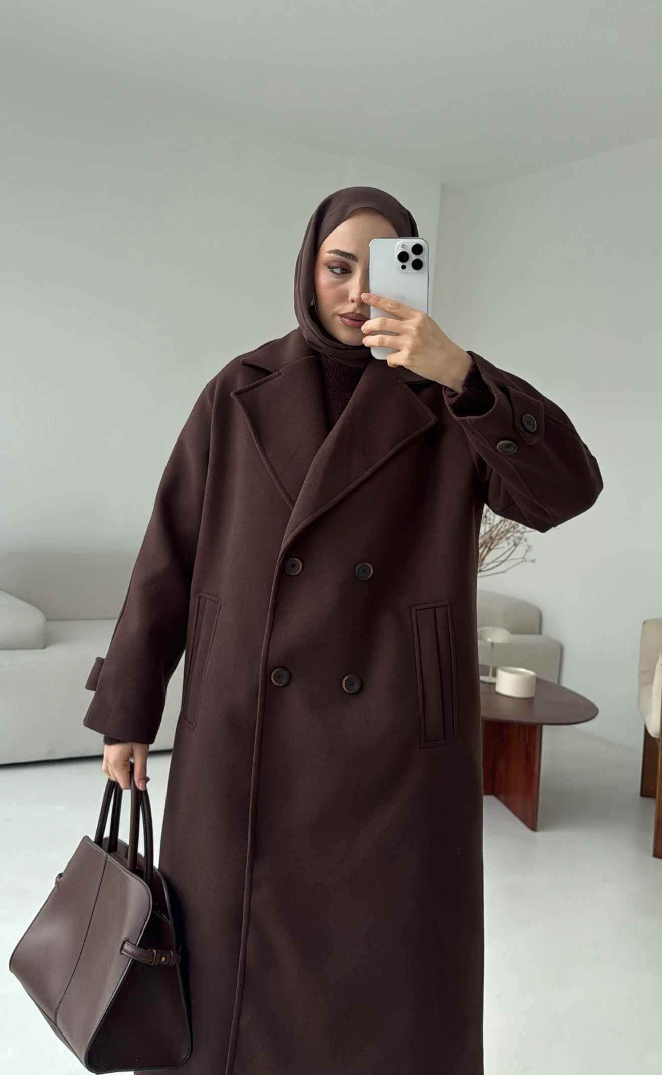 Çift Düğmeli Uzun Kaban Kahve