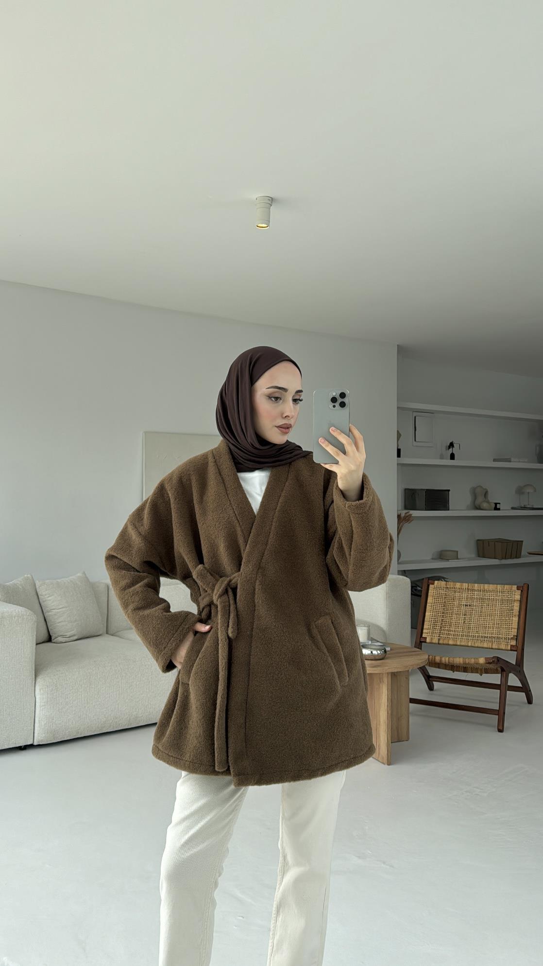 Yandan Bağlamalı Peluş Mont Kahve