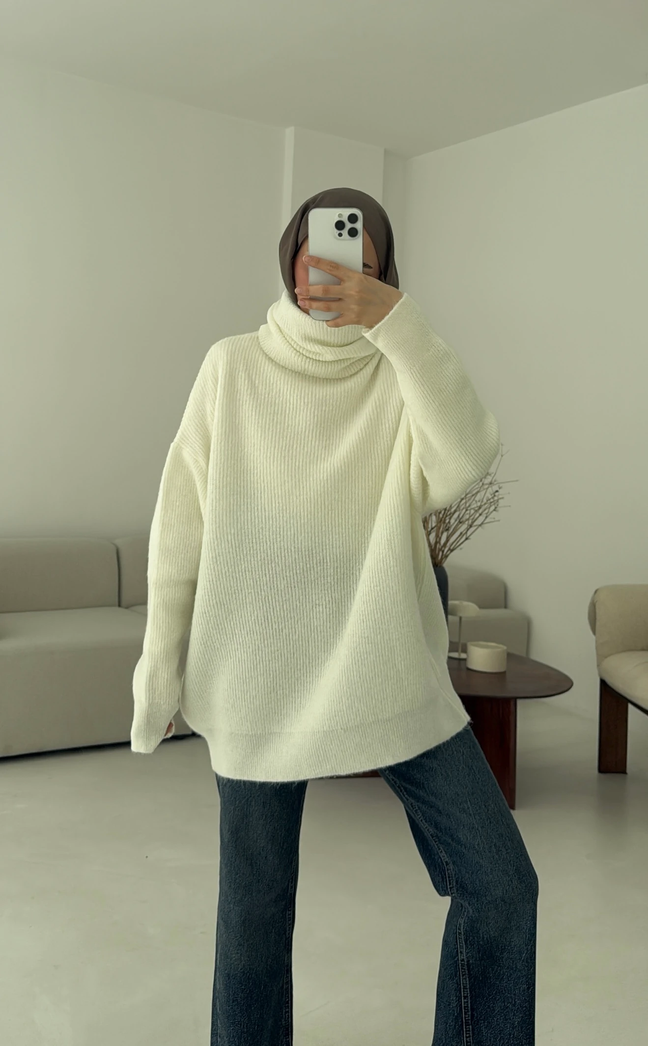 Balıkçı Yaka Oversizse Triko Kazak Beyaz