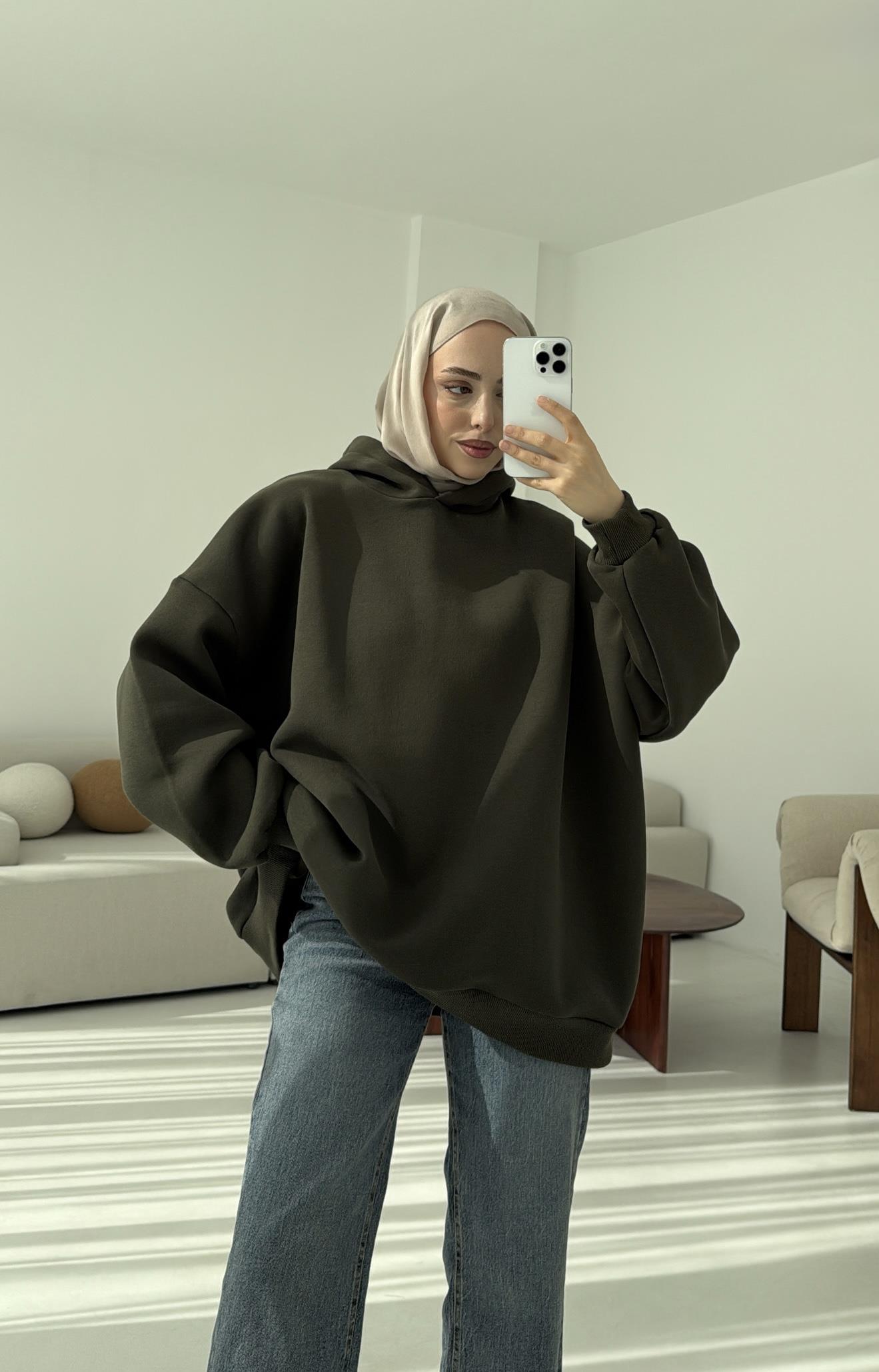 Kapüşonlu Oversize Şardonlu Sweatshirt Haki