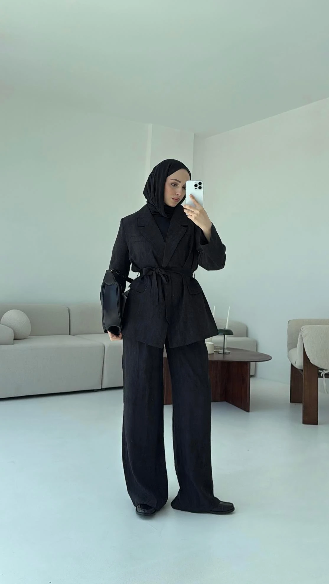 Kemerli Ceket Beli Lastikli Pantolon Takım Siyah