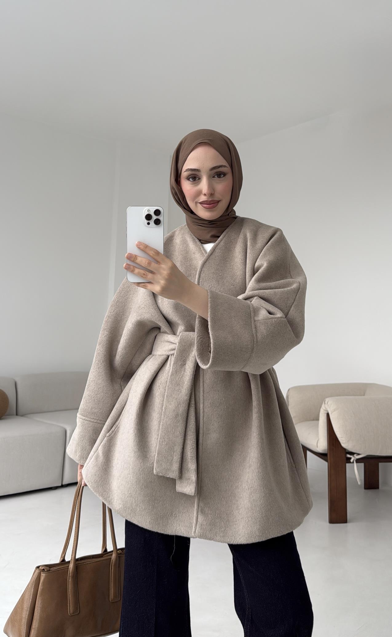 Premium Kuşaklı Kaşe Kaban Vizon