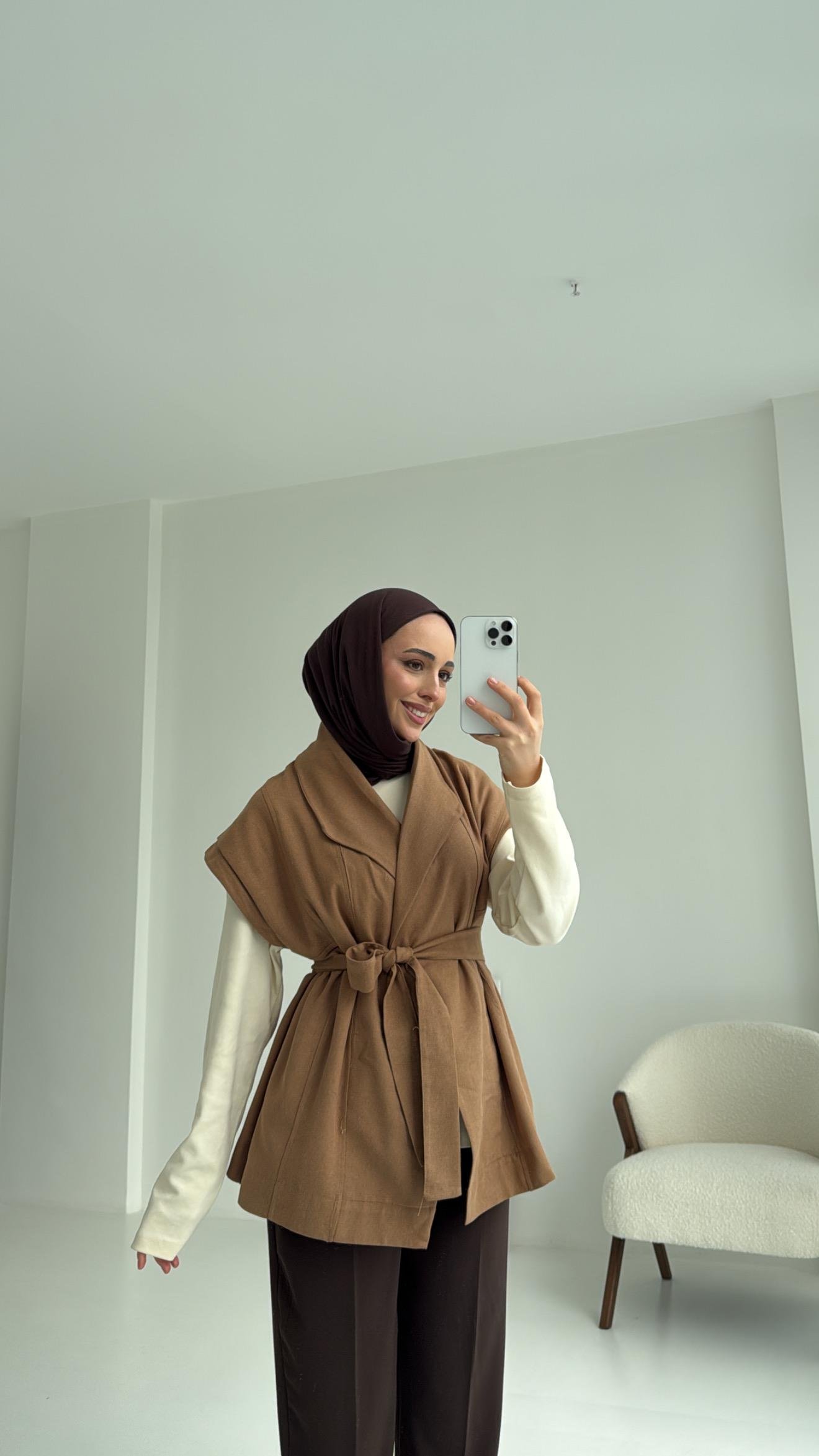 Gabardin Bağlamalı Yelek Taba