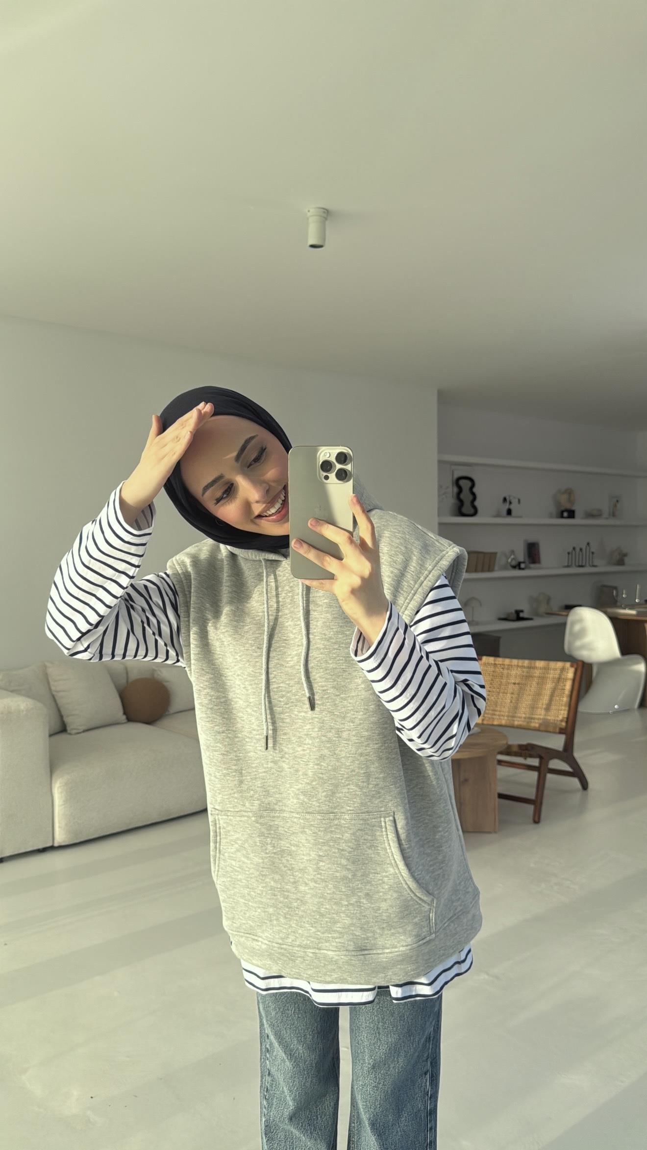 Kapüşonlu Çizgili İki Parçalı Sweat Gri