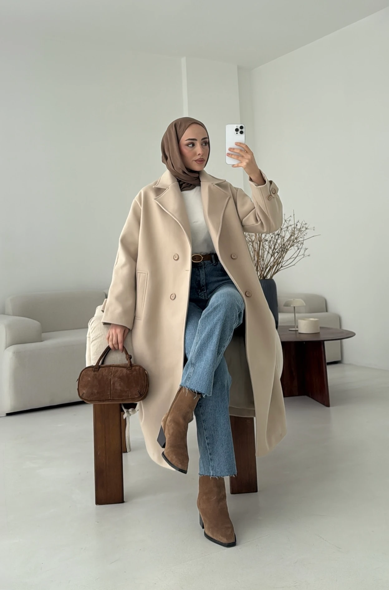  Çift Düğmeli Uzun Kaban Bej