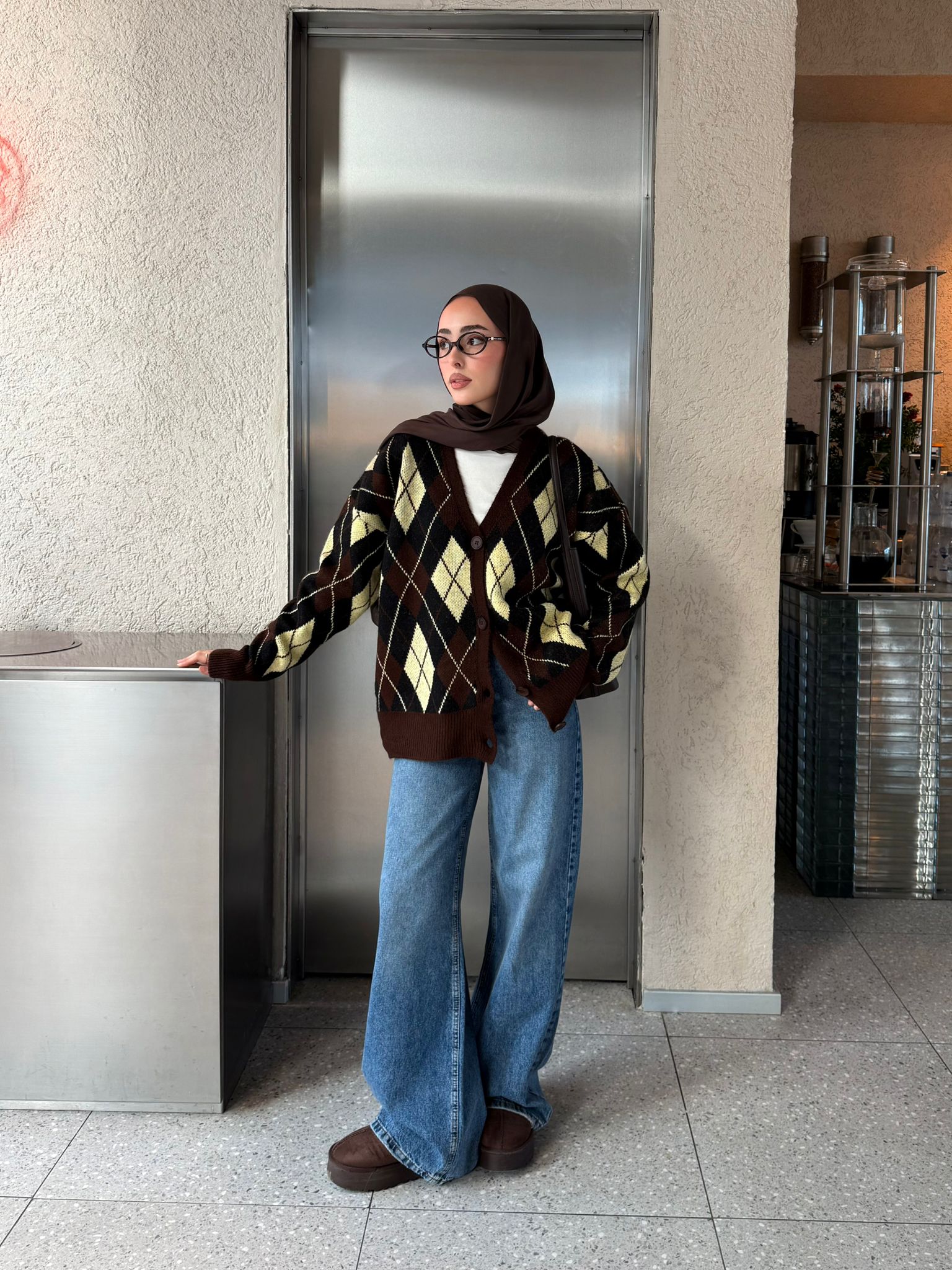 Baklava Jakarlı Hırka Kahve/Sarı