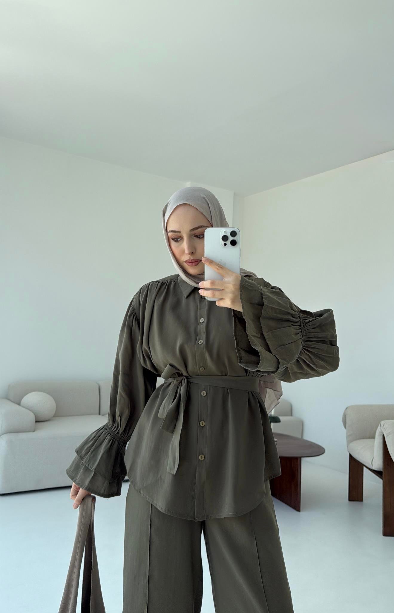 Büzgülü Oversize Gömlek Takım Haki