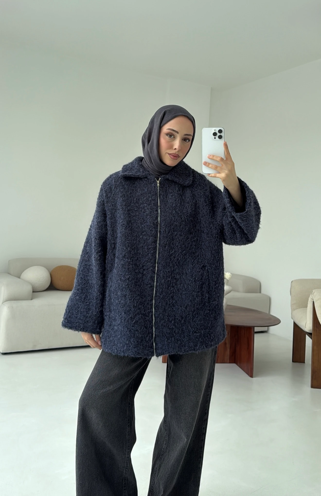 Kırçıllı Fermuarlı Kaban Lacivert