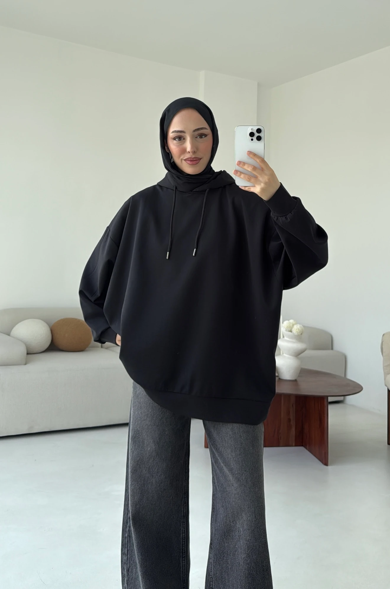 İki İplik Kapşonlu Sweat Siyah