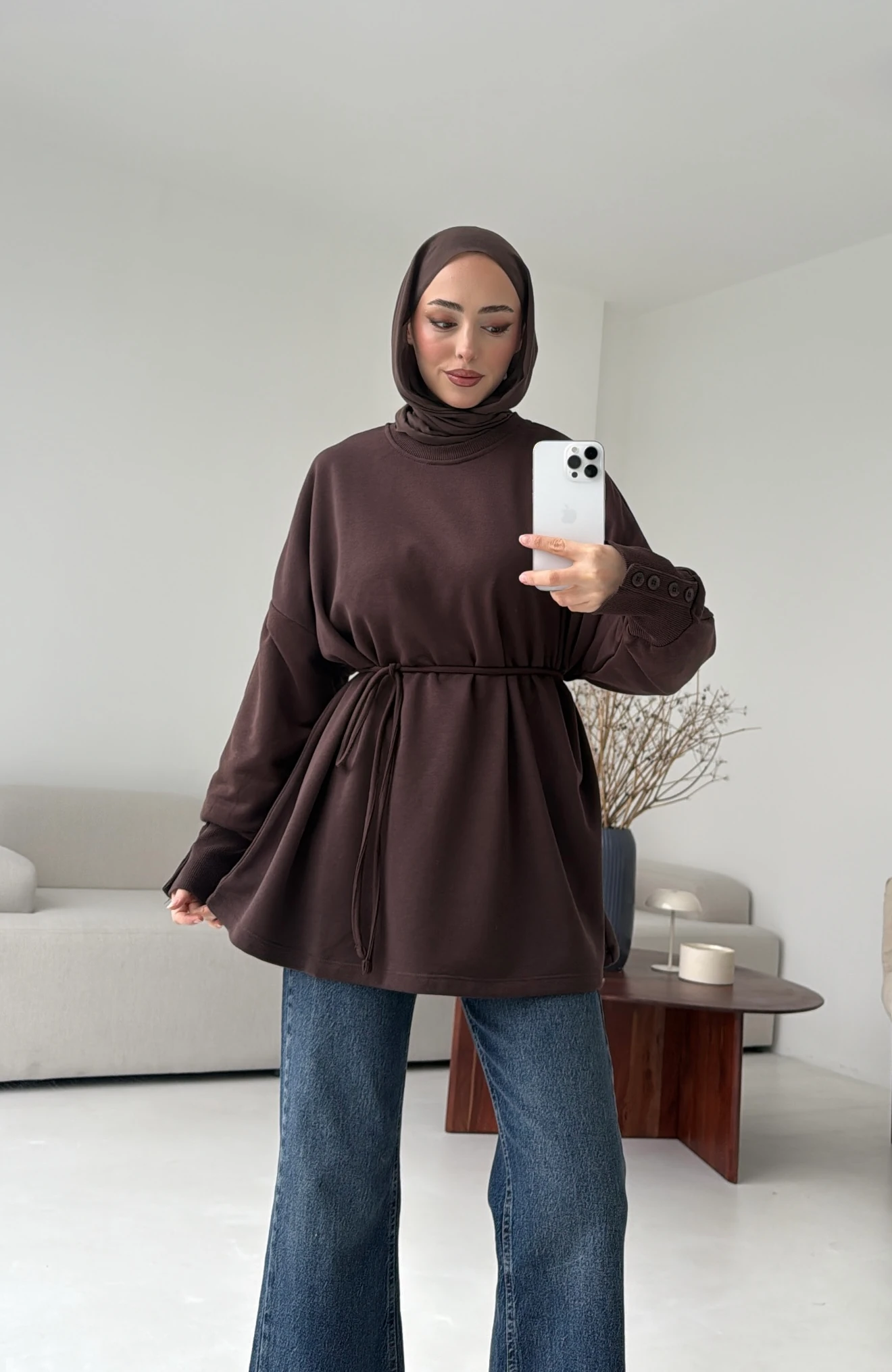 Manşeti Düğme Detay Swearshirt Kahve