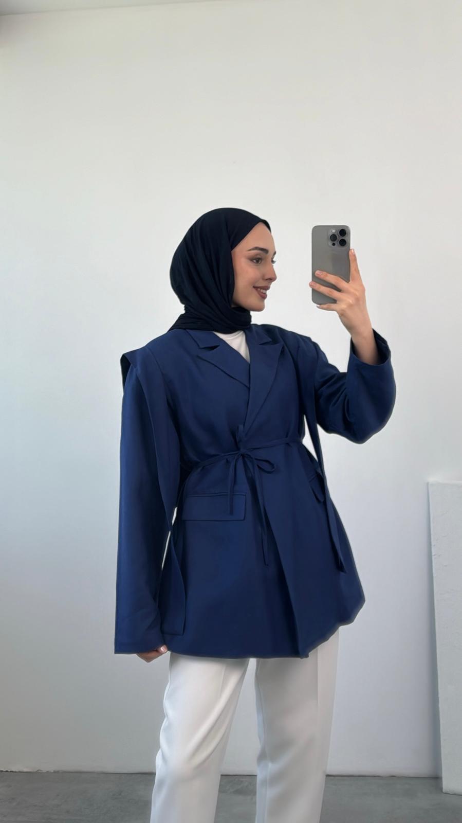 Keten Bağlamalı Lacivert Blazer