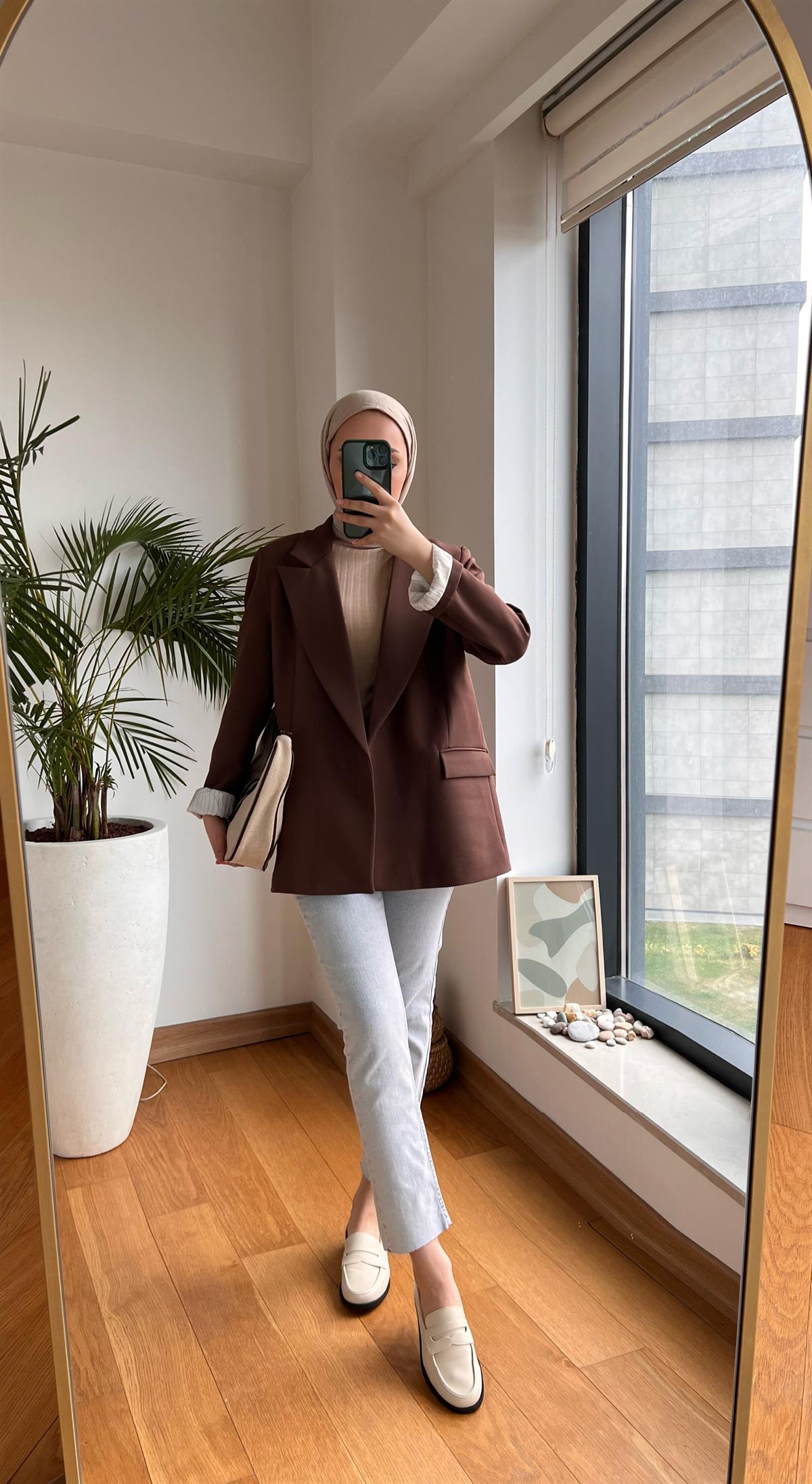 İç Astarı Çizgili Blazer Ceket Kahve