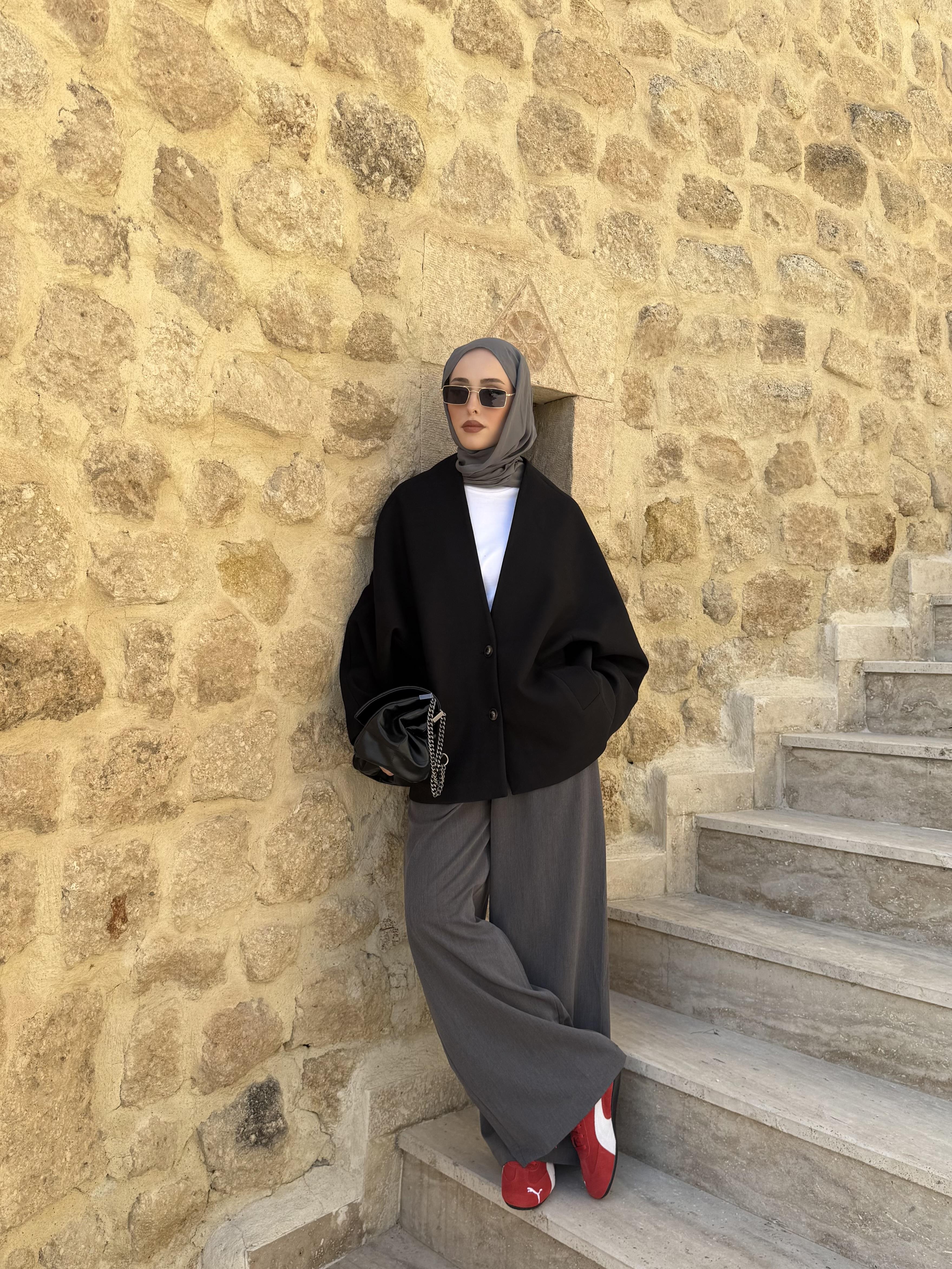 Soft Oversize Kaşe Kaban Siyah