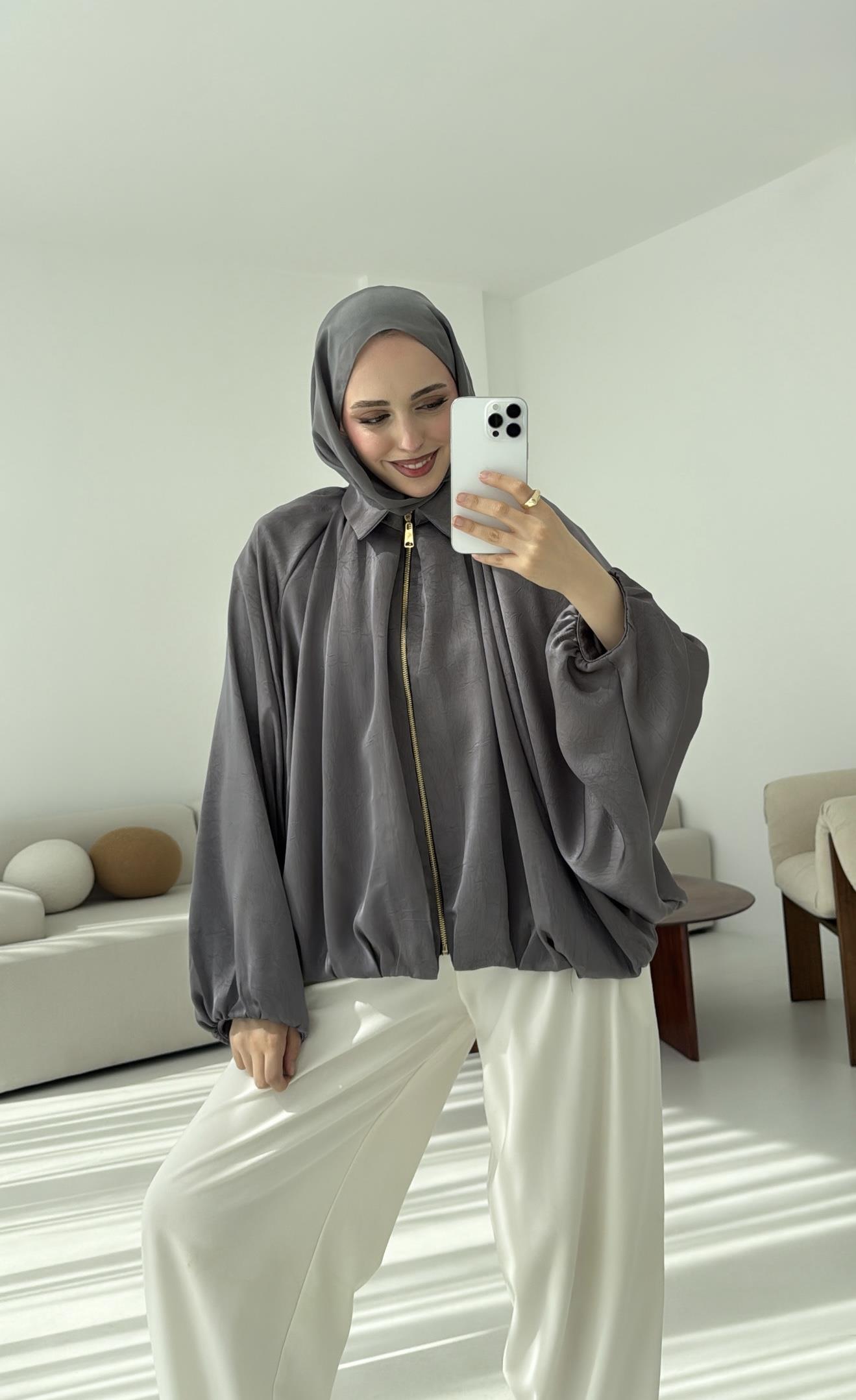 Bomber Saten Ceket Gri