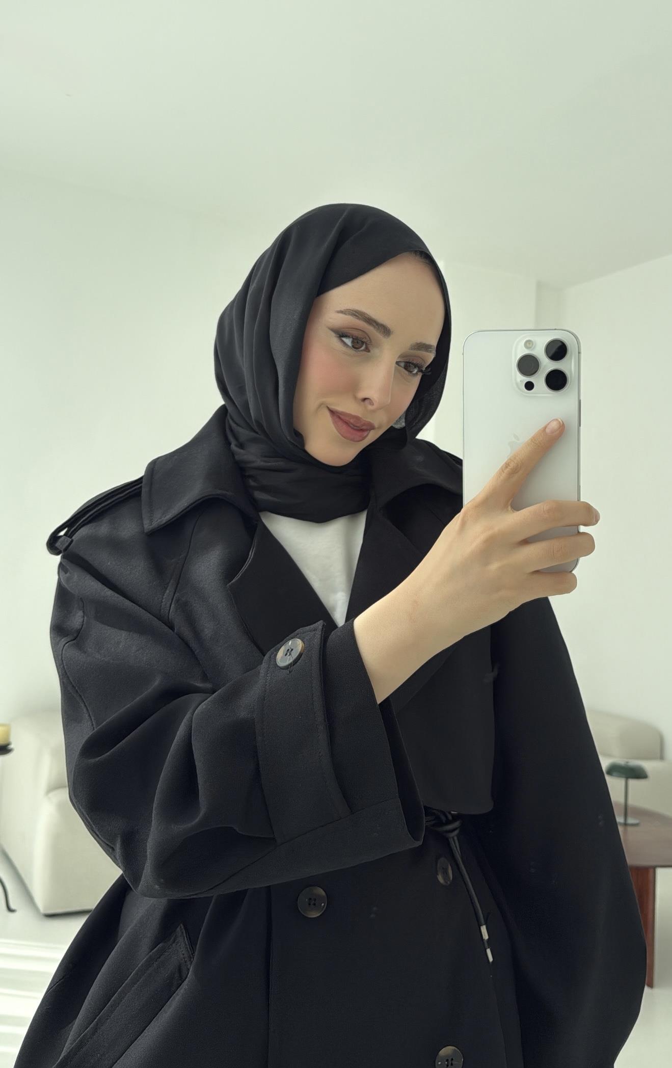 Deri Kemerli Trençkot Siyah