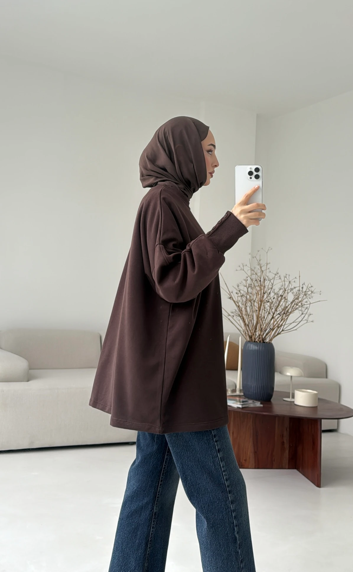 Manşeti Düğme Detay Swearshirt Kahve