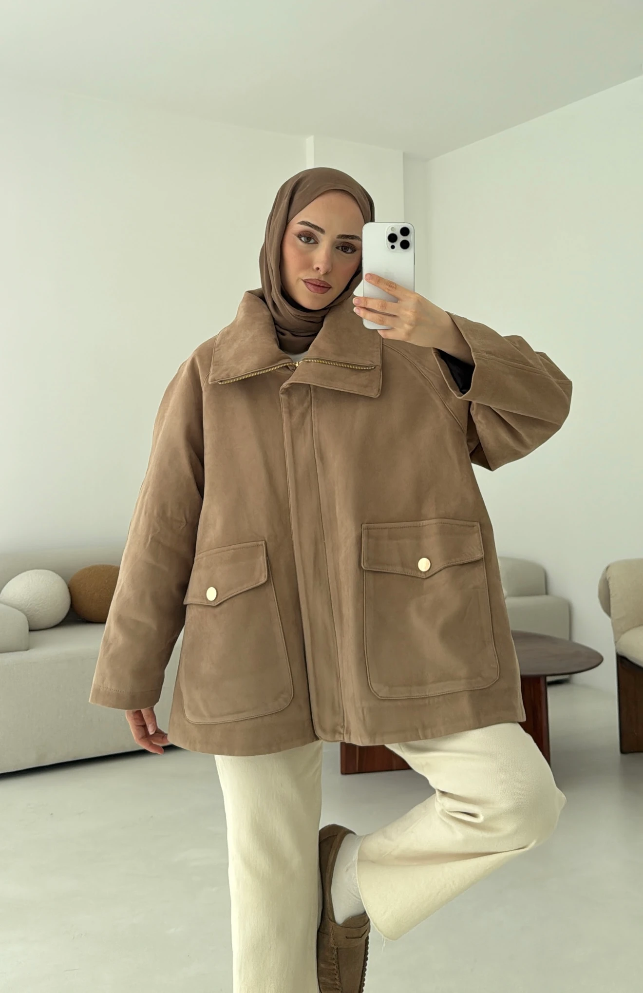 Oversize Dolgulu Süet Ceket Bej