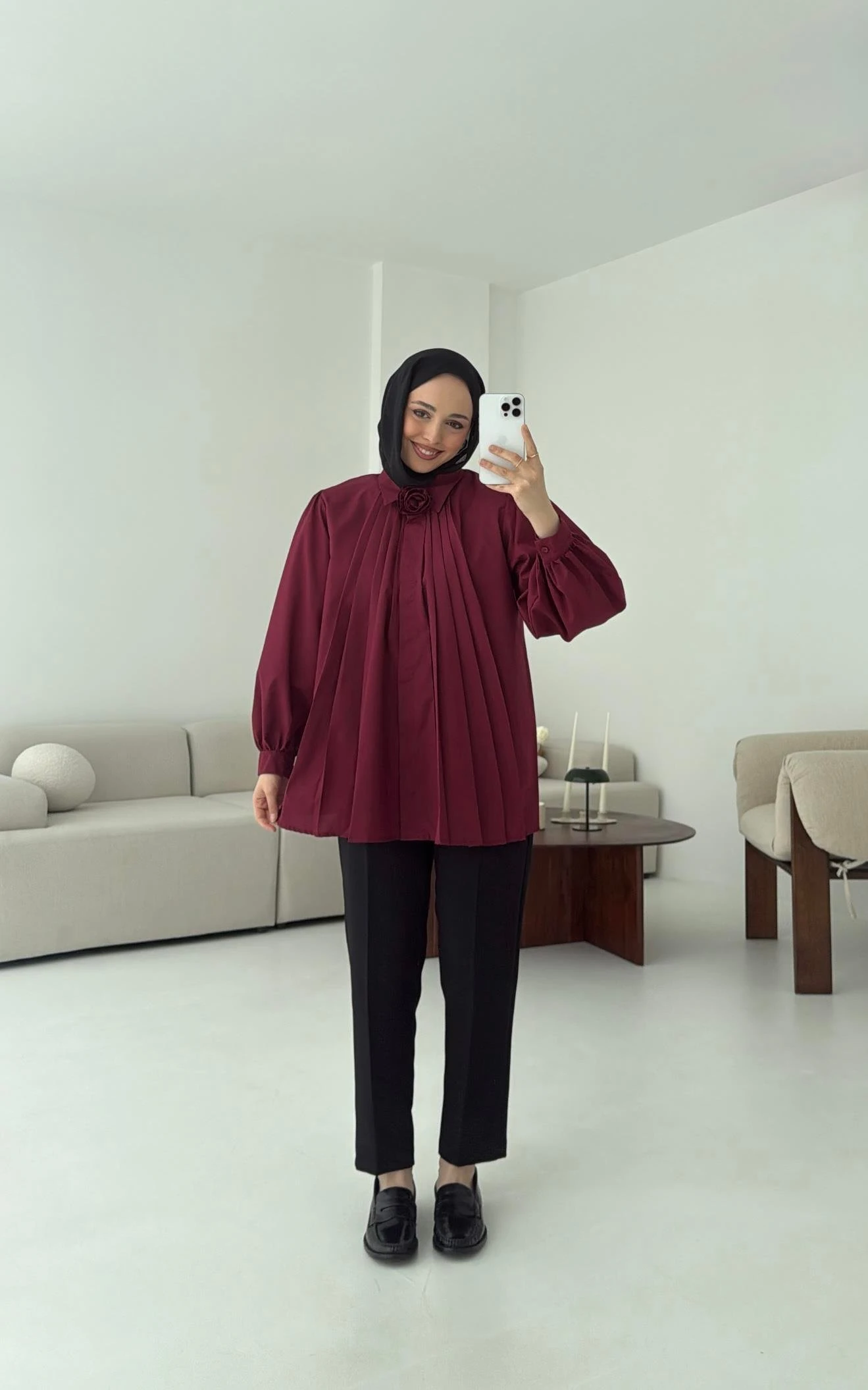 Pile Detay Gömlek Bordo