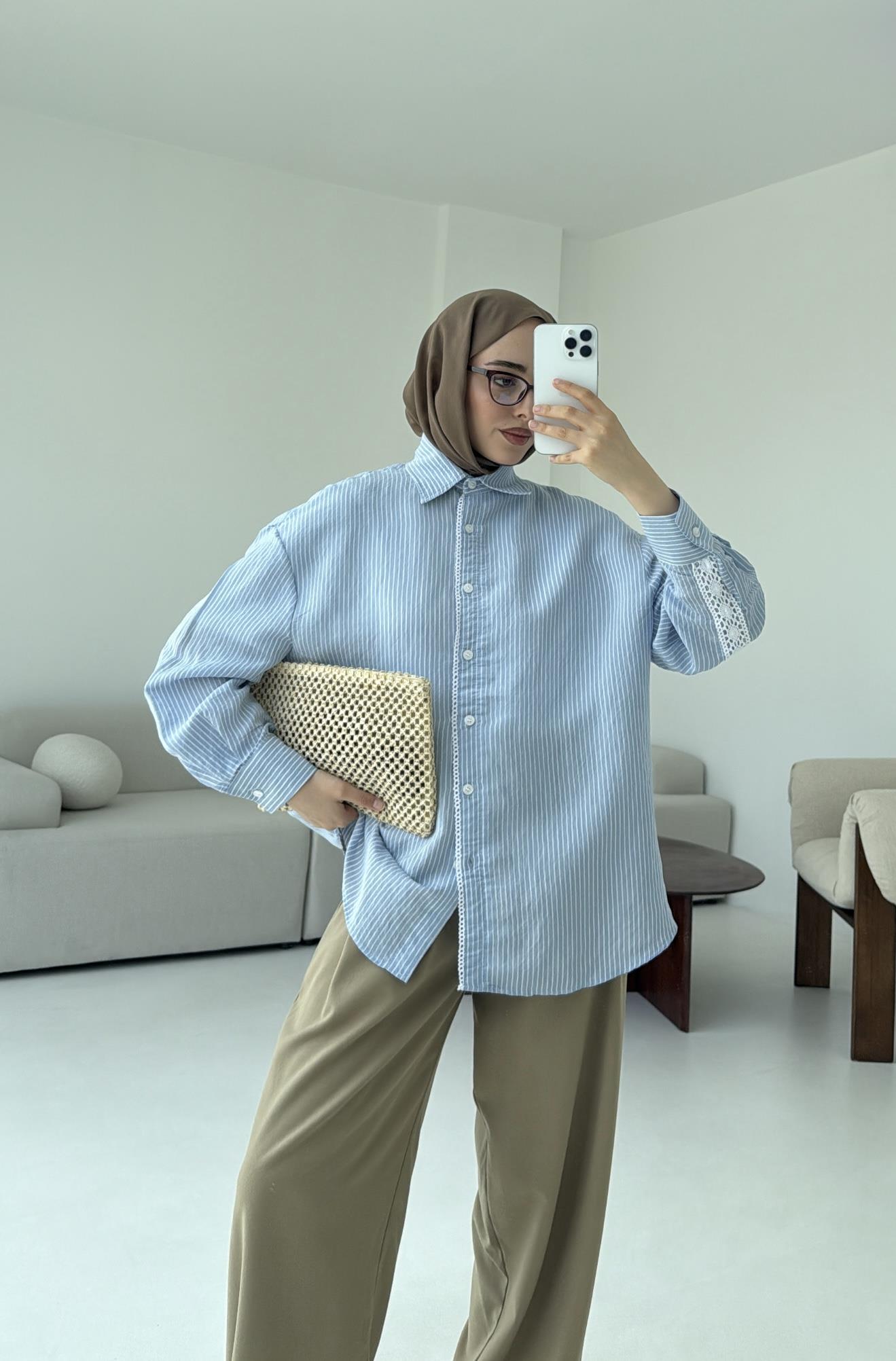 Çizgili Dantel Detay Gömlek Mavi