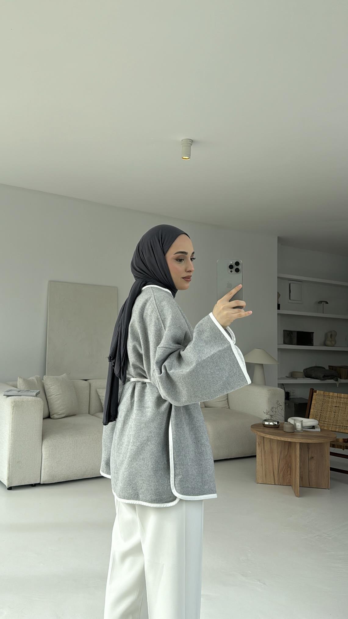 Mevsimlik Kaşe Bağlamalı Kimono Gri