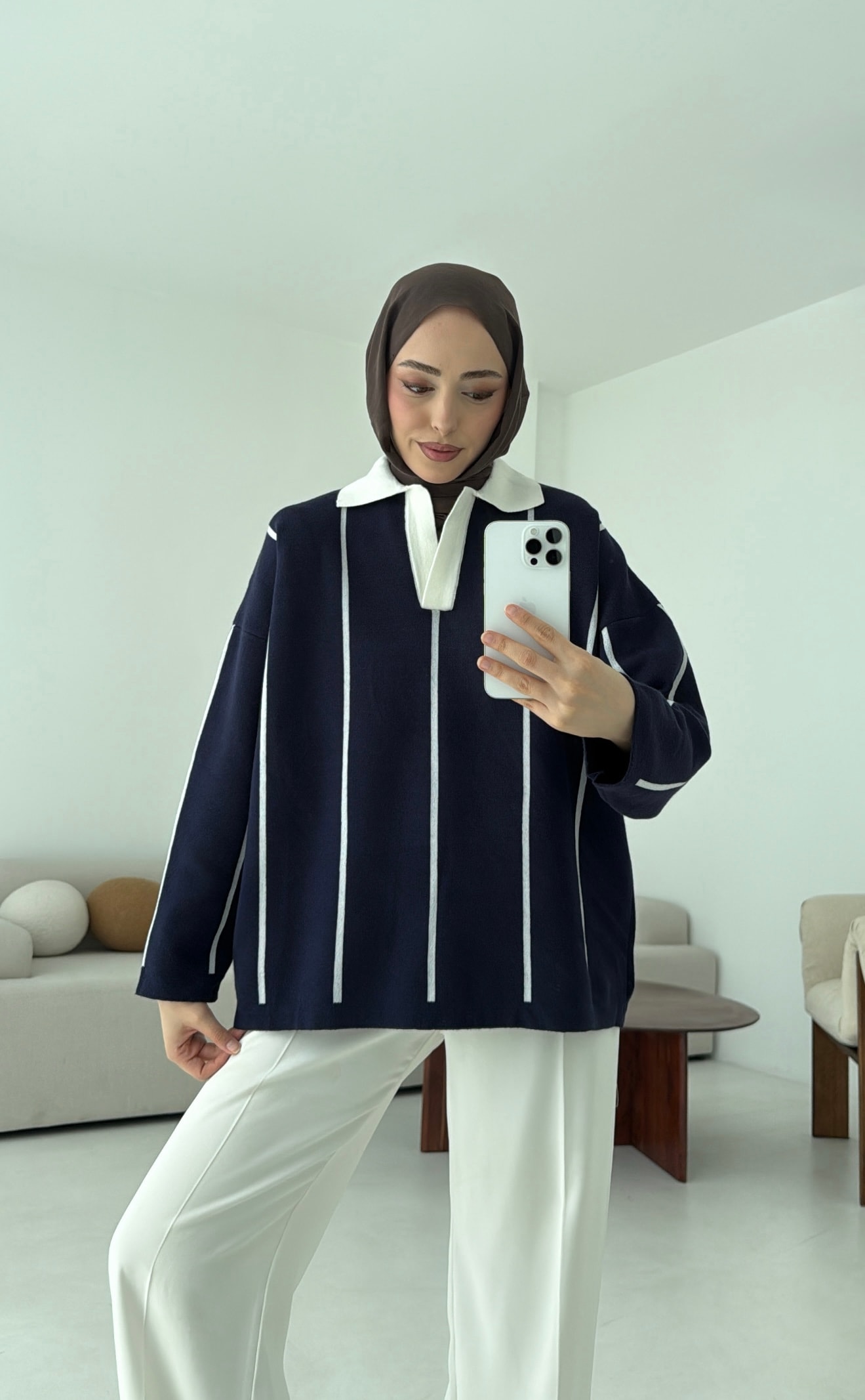 Lacivert-Kemik Polo Yaka Triko