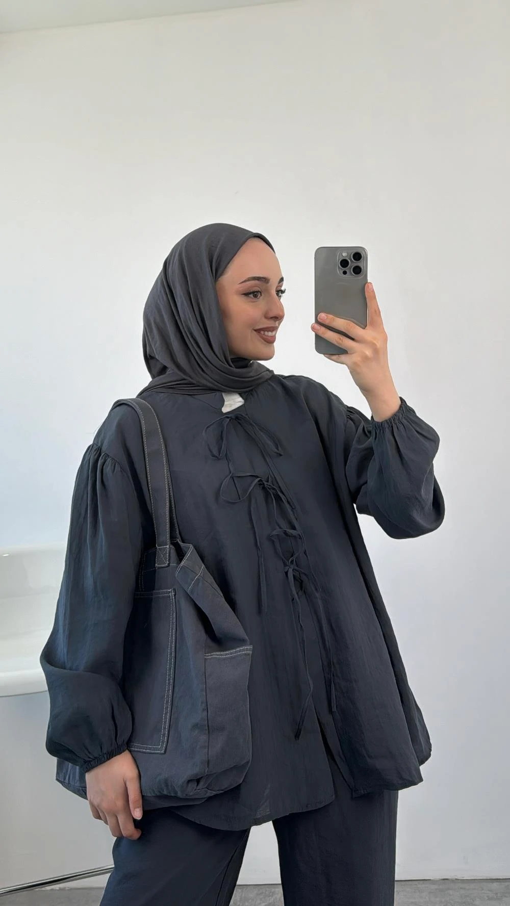 Tencel Önden Bağlamalı Kimonolu Takım Antrasit