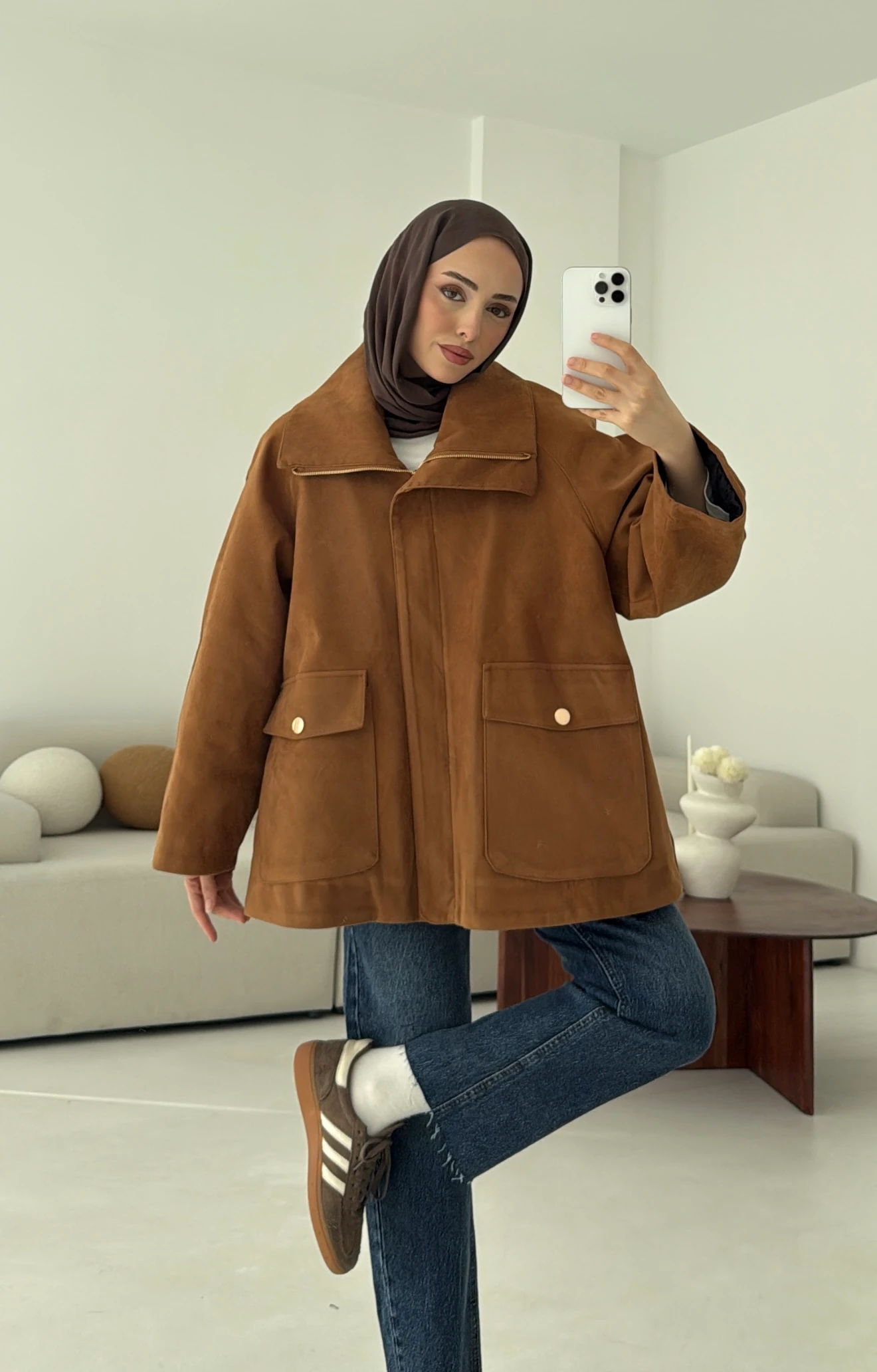 Oversize Dolgulu Süet Ceket Taba