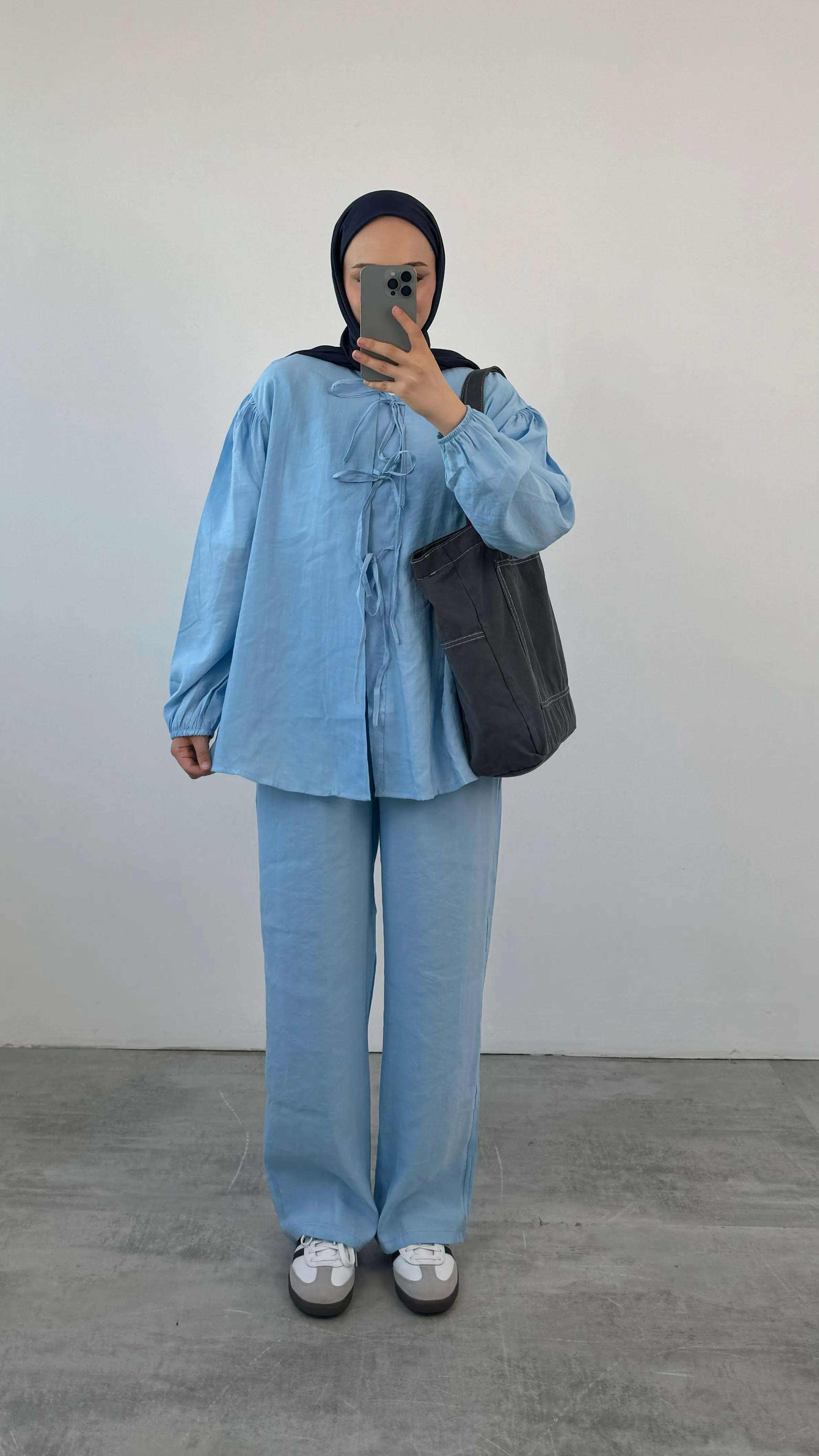 Tencel Önden Bağlamalı Kimonolu Takım Mavi